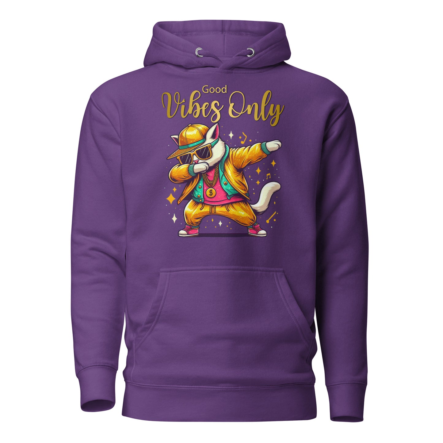Unisex Good Vibes Cat Hoodie featuring a dabbing cat in hip-hop streetwear – premium graphic hoodie by Hipyfi Clothes & Design. purple-front-2