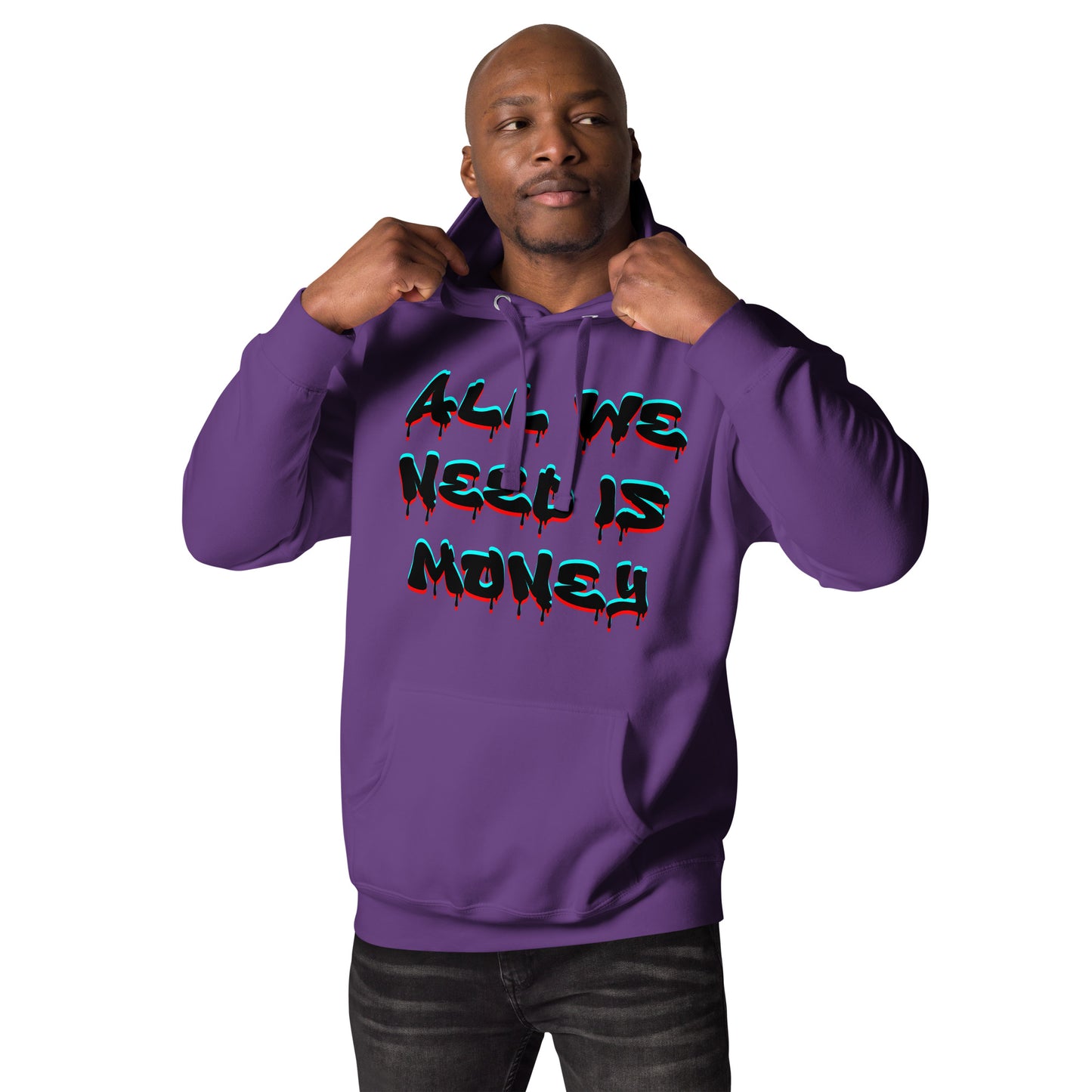 Unisex graffiti hoodie with 3D dripping text – ALL WE NEED IS MONEY design by Hipyfi Clothes & Design. purple-front