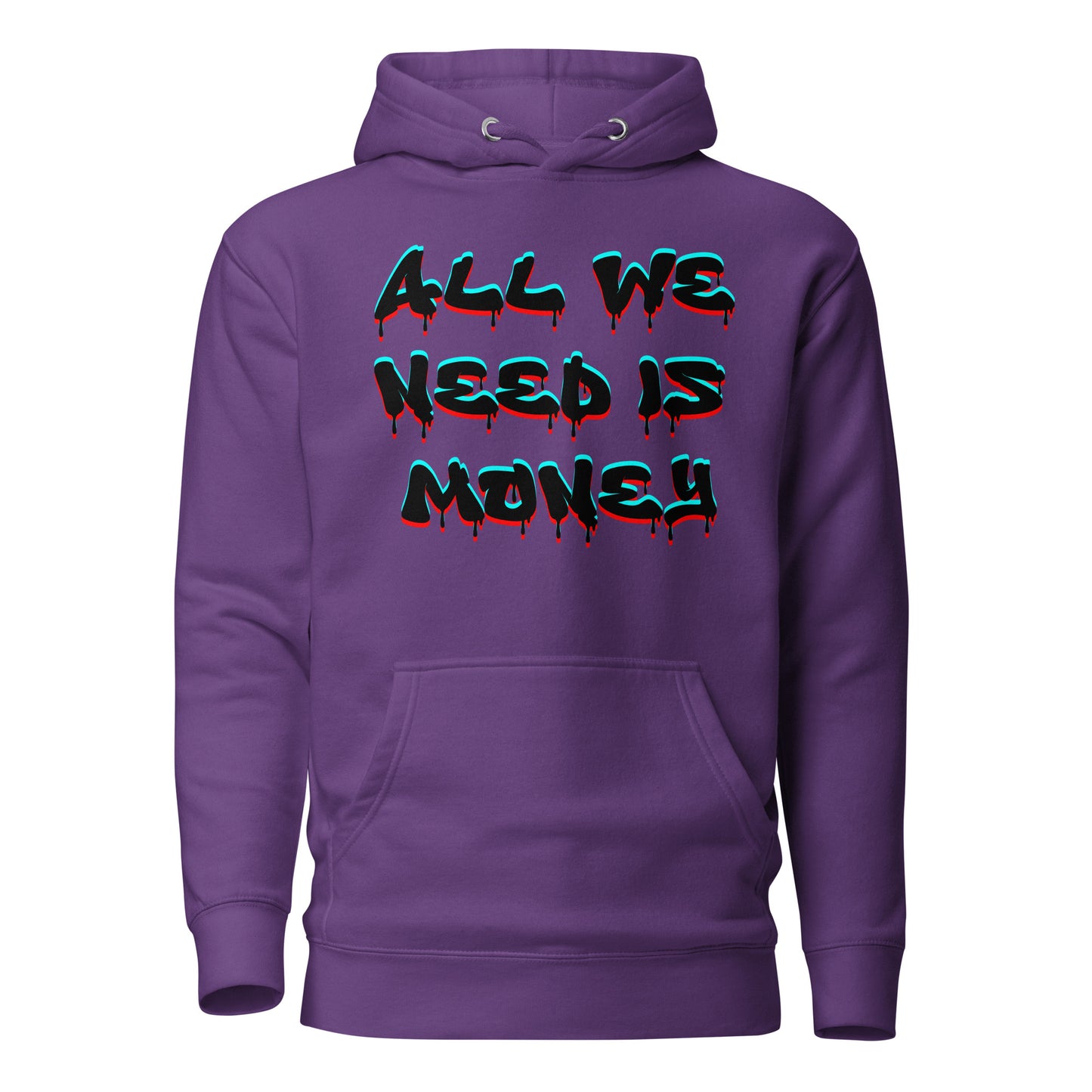Unisex graffiti hoodie with 3D dripping text – ALL WE NEED IS MONEY design by Hipyfi Clothes & Design. purple-front-2