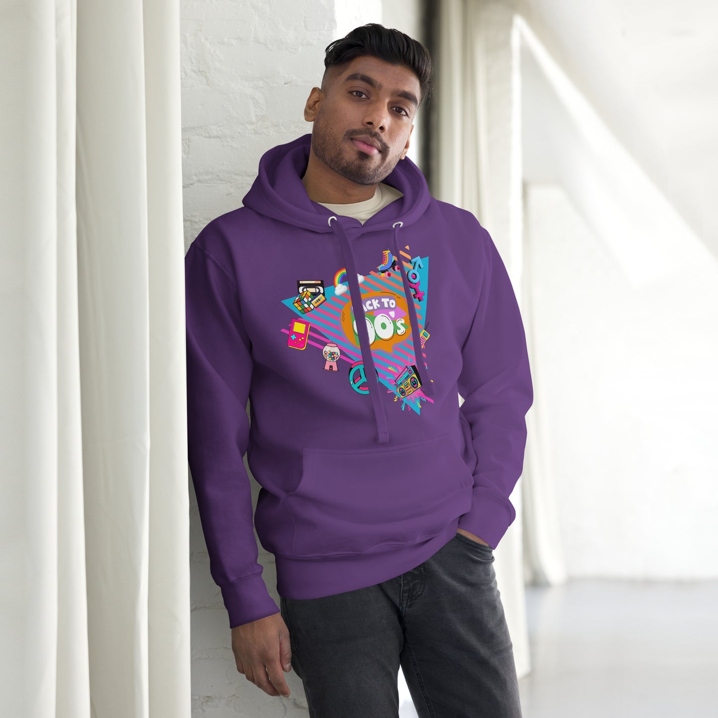 Back to 90s retro unisex graphic hoodie with colorful vintage design – Hipyfi Clothes & Design. purple-front
