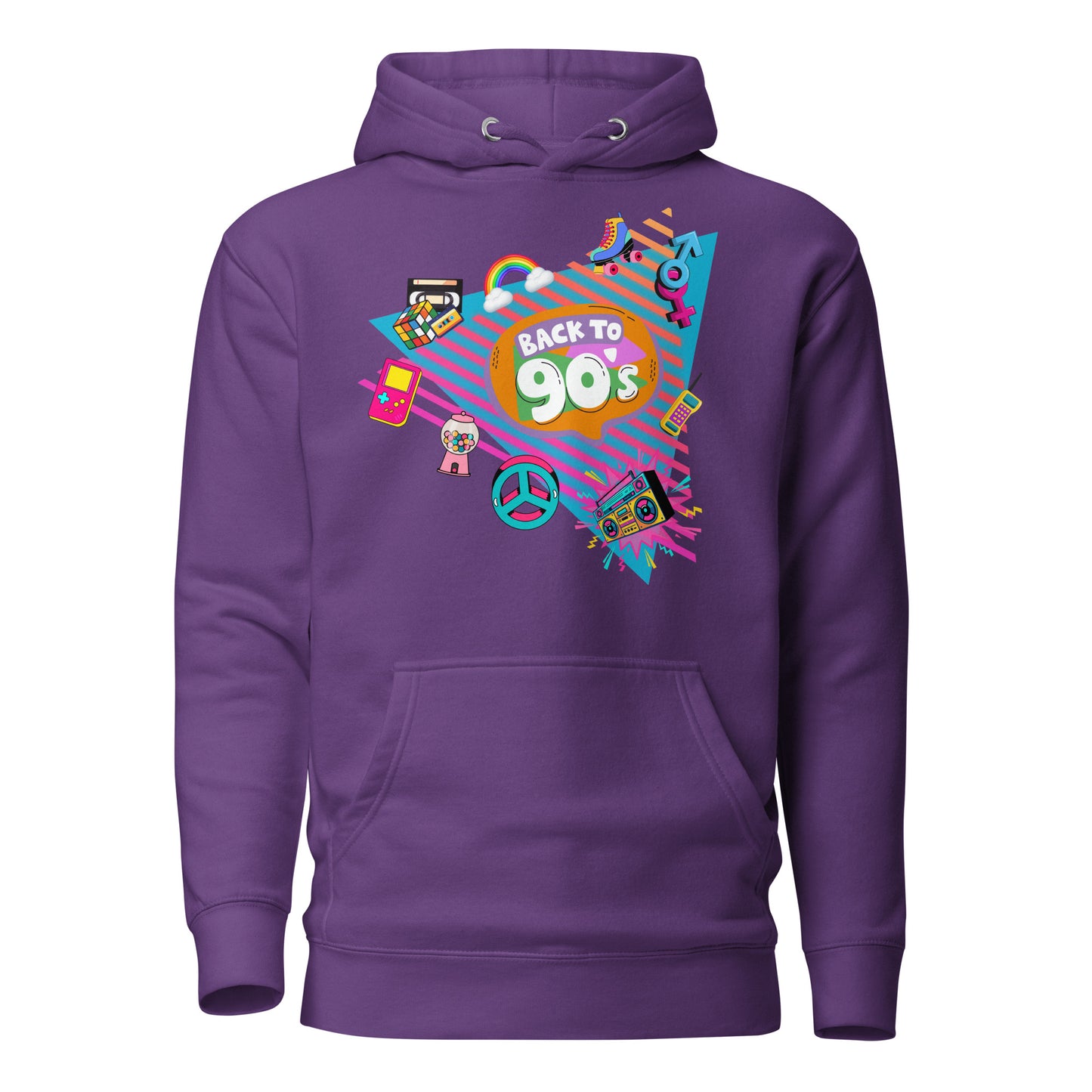 Back to 90s retro unisex graphic hoodie with colorful vintage design – Hipyfi Clothes & Design. purple-front-2