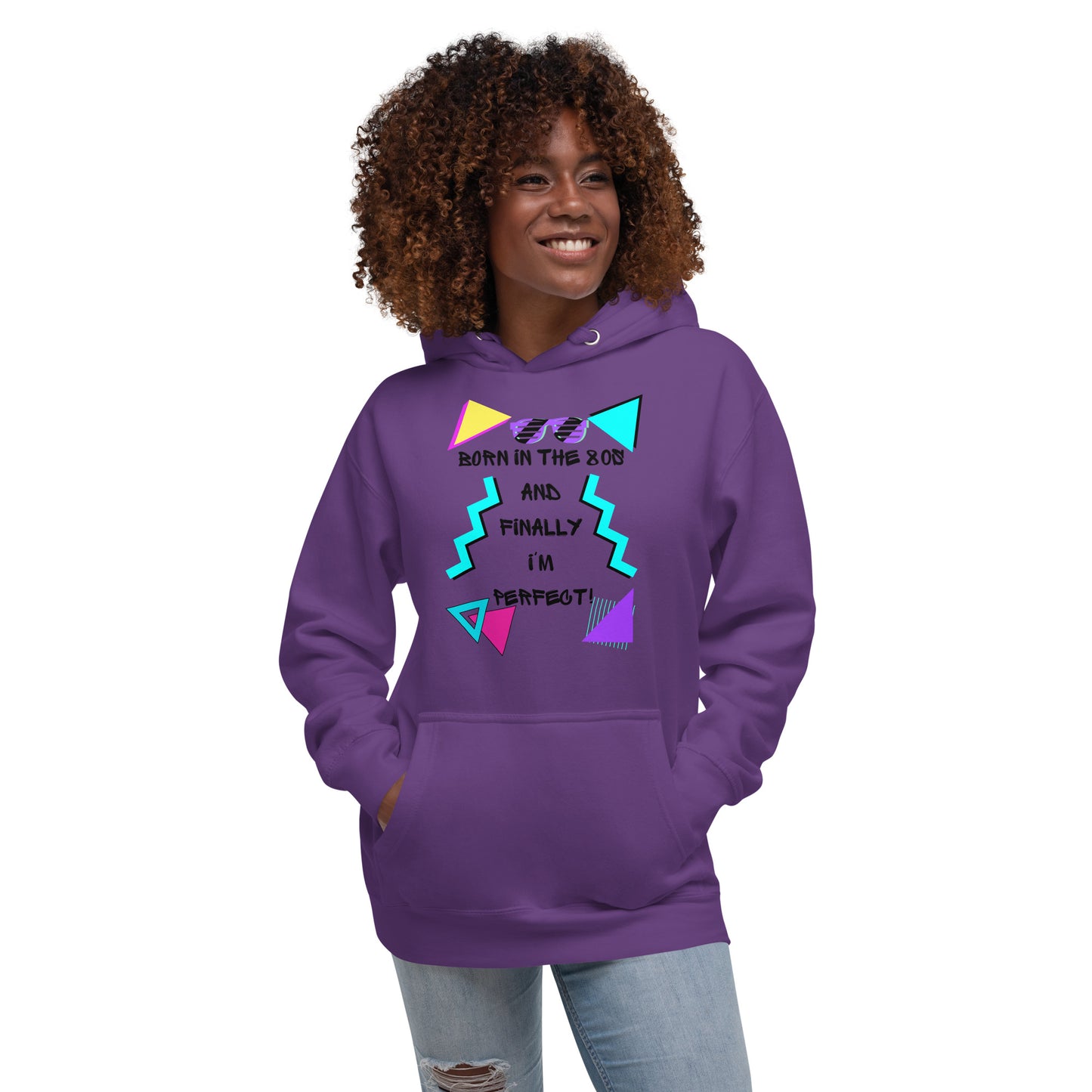 Hipyfi Premium 80s Neon Graphic Hoodie – Unisex Retro Pop Culture Design, Vibrant 80s-inspired geometric graphics. purple-front