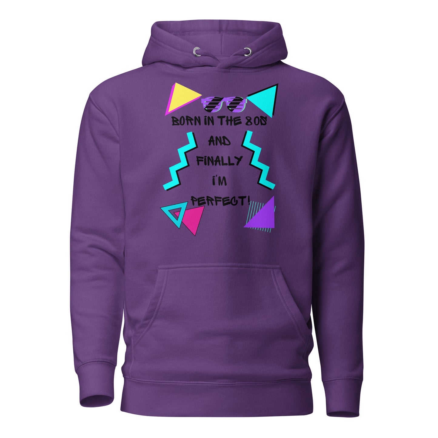 Hipyfi Premium 80s Neon Graphic Hoodie – Unisex Retro Pop Culture Design, Vibrant 80s-inspired geometric graphics. purple-front-2