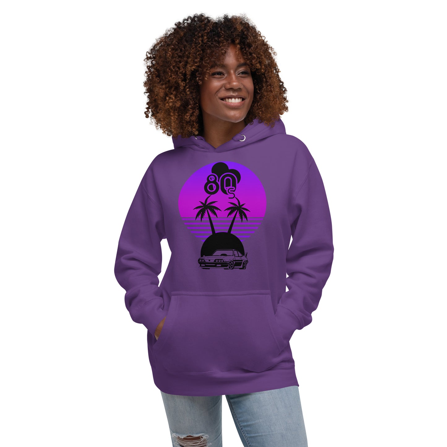Vaporwave Sunset Unisex Hoodie with retro 80s synthwave design by Hipyfi Clothes & Design. purple-front
