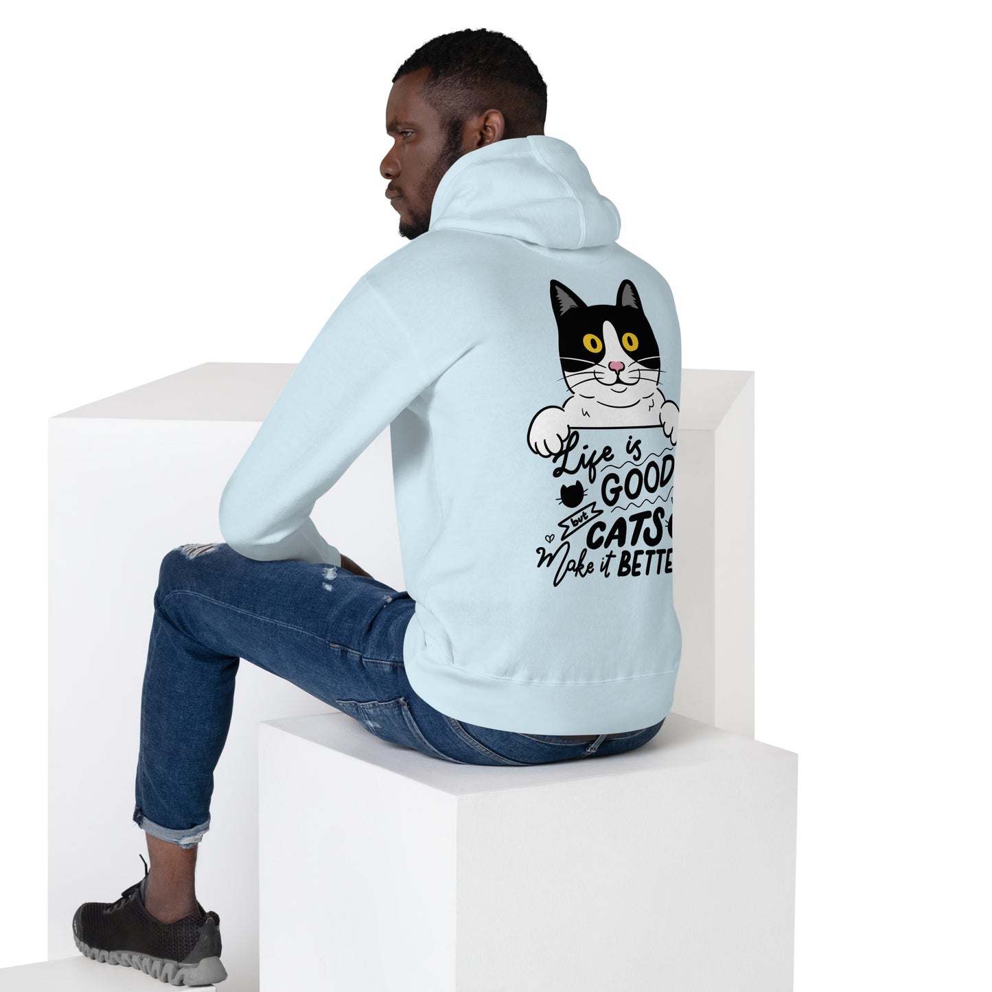 Unisex premium cat hoodie with cartoon black-and-white cat and “Life is Better With Cats” quote – Hipyfi Clothes & Design. sky-blue-back