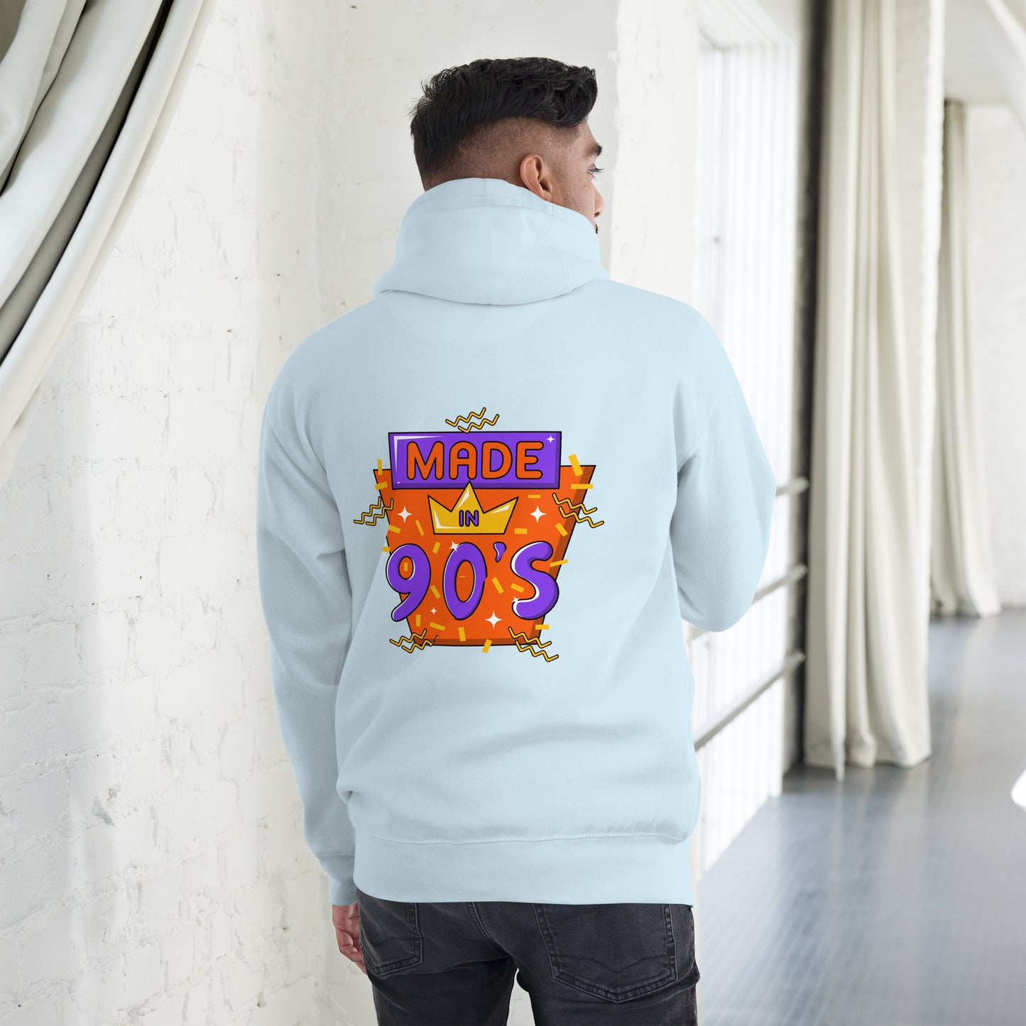 Back to 90s retro unisex graphic hoodie with colorful vintage design – Hipyfi Clothes & Design. sky-blue-back