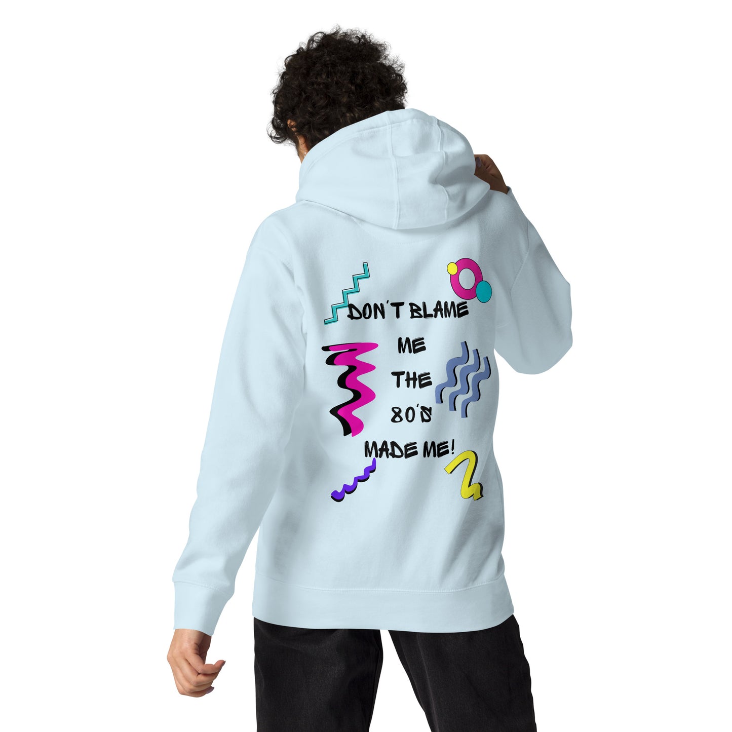 Unisex 80s graphic hoodie with retro slogan – Made in the 80s Vibes by Hipyfi Clothes & Design. sky-blue-back