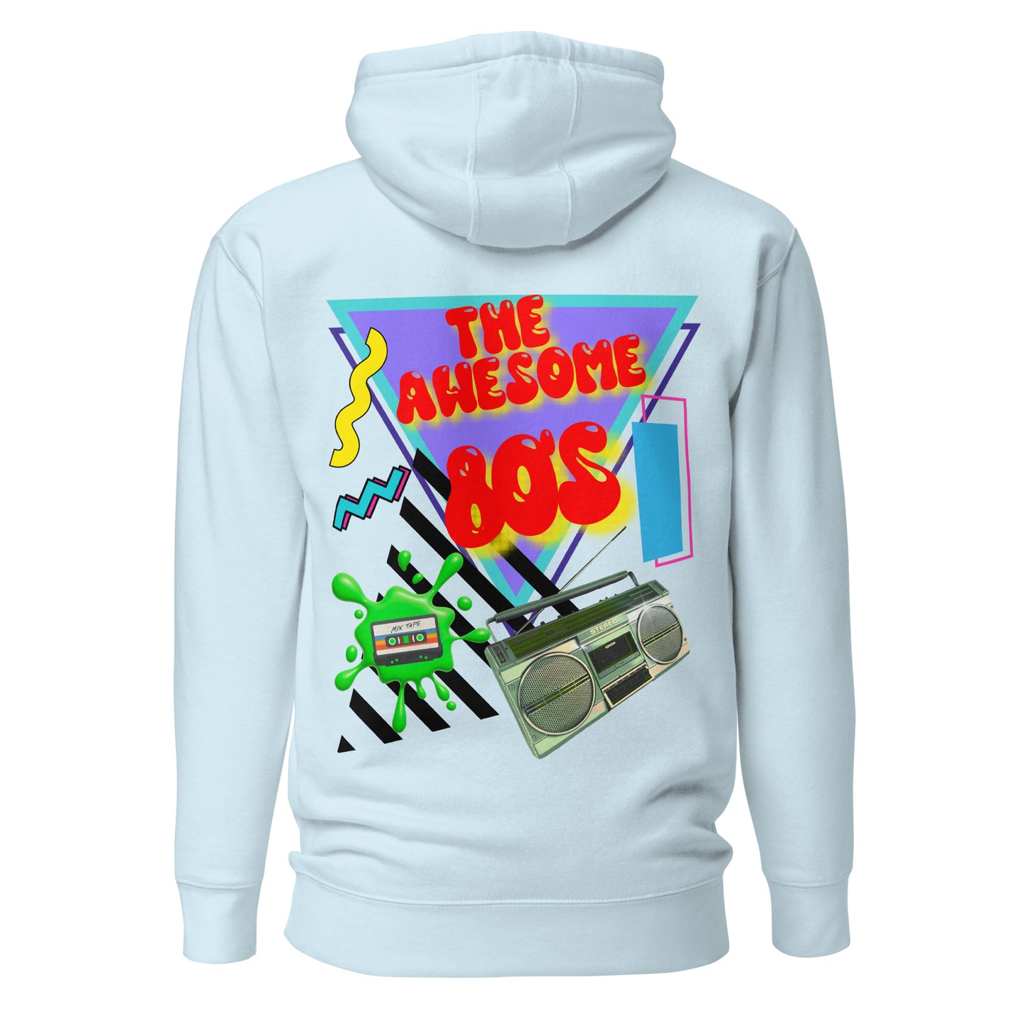 Hipyfi Premium 80s Neon Graphic Hoodie – Unisex Retro Pop Culture Design, Vibrant 80s-inspired geometric graphics. sky-blue-back-2