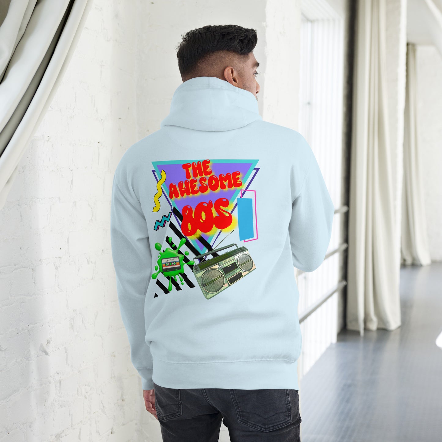 Hipyfi Premium 80s Neon Graphic Hoodie – Unisex Retro Pop Culture Design, Vibrant 80s-inspired geometric graphics. sky-blue-back