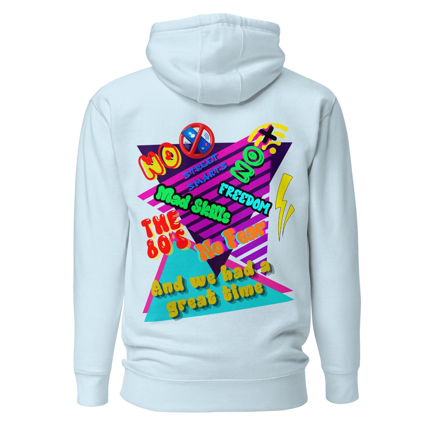 Unisex retro 80s graffiti hoodie with neon colors and streetwear design by Hipyfi Clothes & Design sky-blue-back-2