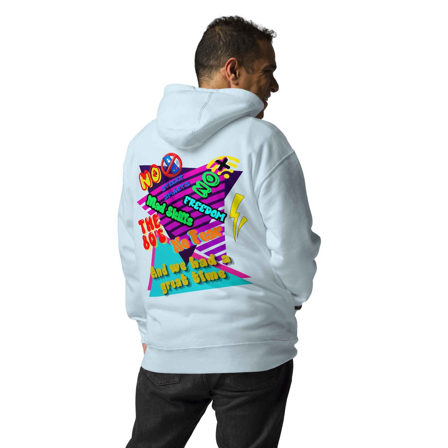 Unisex retro 80s graffiti hoodie with neon colors and streetwear design by Hipyfi Clothes & Design sky-blue-back