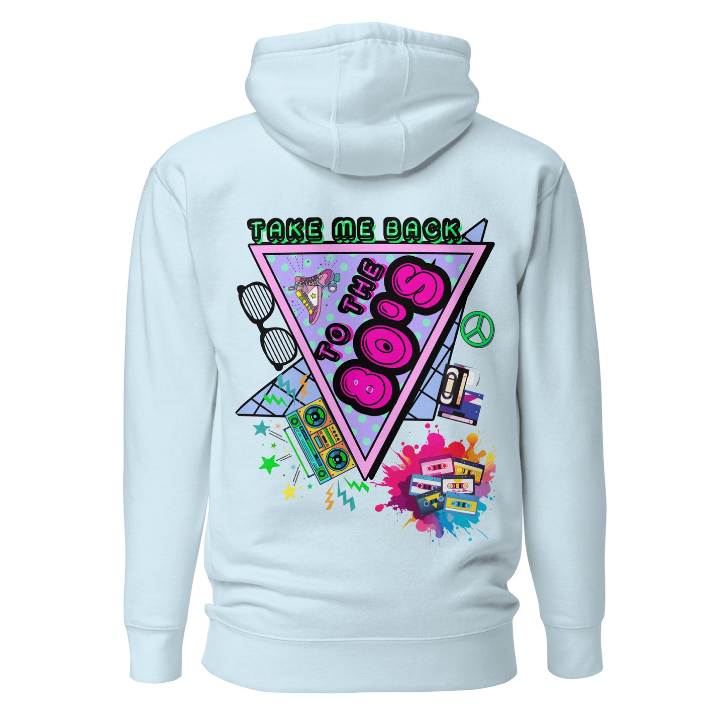 Hipyfi 80s Neon Graphic Hoodie – Unisex Retro Design with Vibrant 80s Pop Culture Graphic. sky-blue-back-2