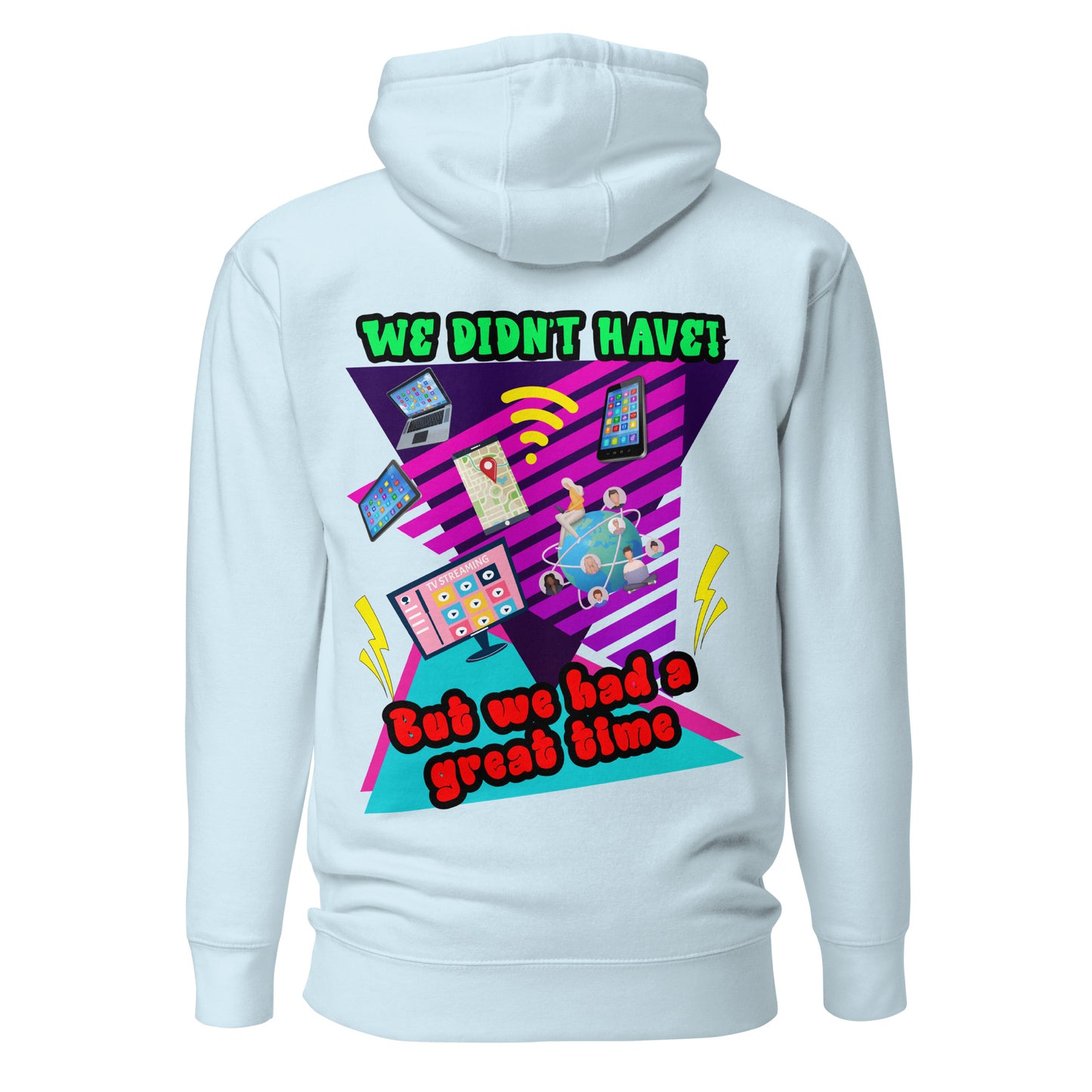 Unisex 80s retro hoodie with bold neon graphic and “Don’t Blame Me, The 80s Made Me” text – Hipyfi streetwear style. sky-blue-back-2