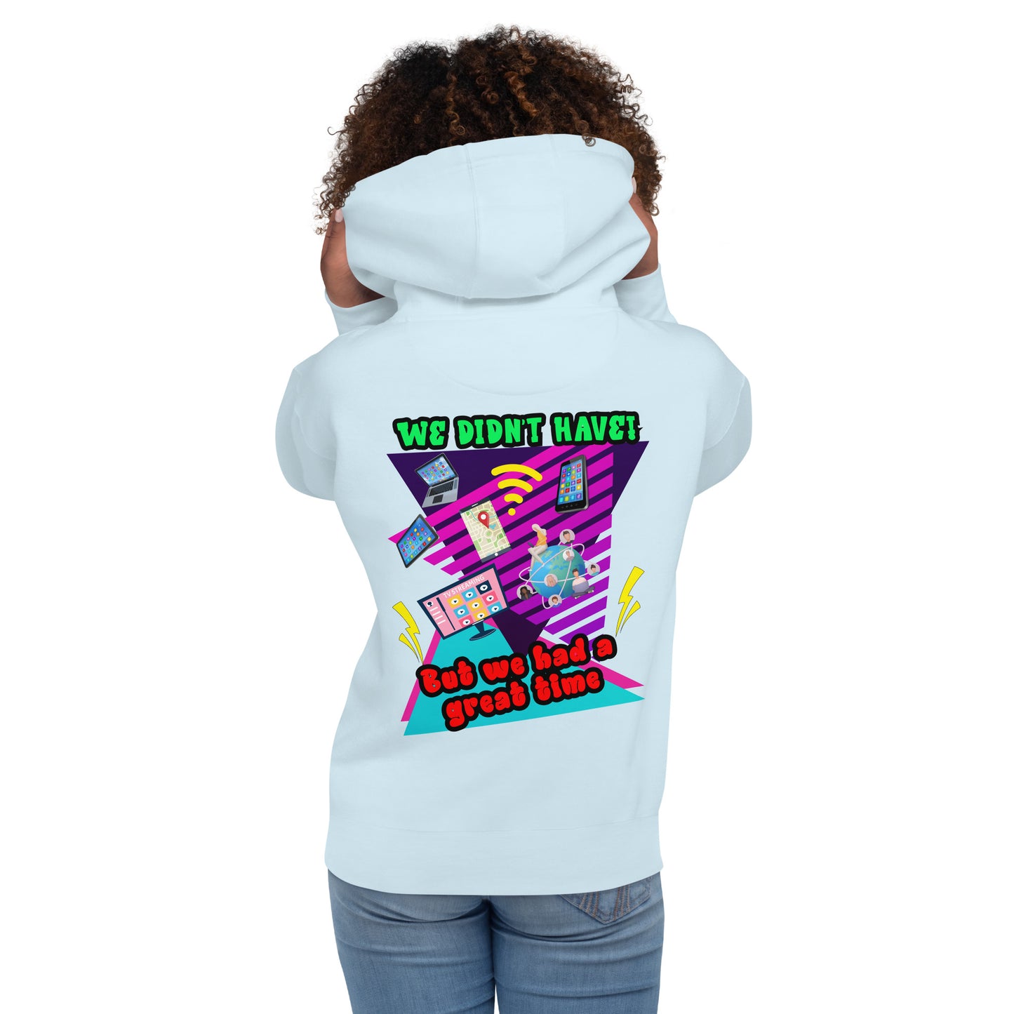 Unisex 80s retro hoodie with bold neon graphic and “Don’t Blame Me, The 80s Made Me” text – Hipyfi streetwear style. sky-blue-back