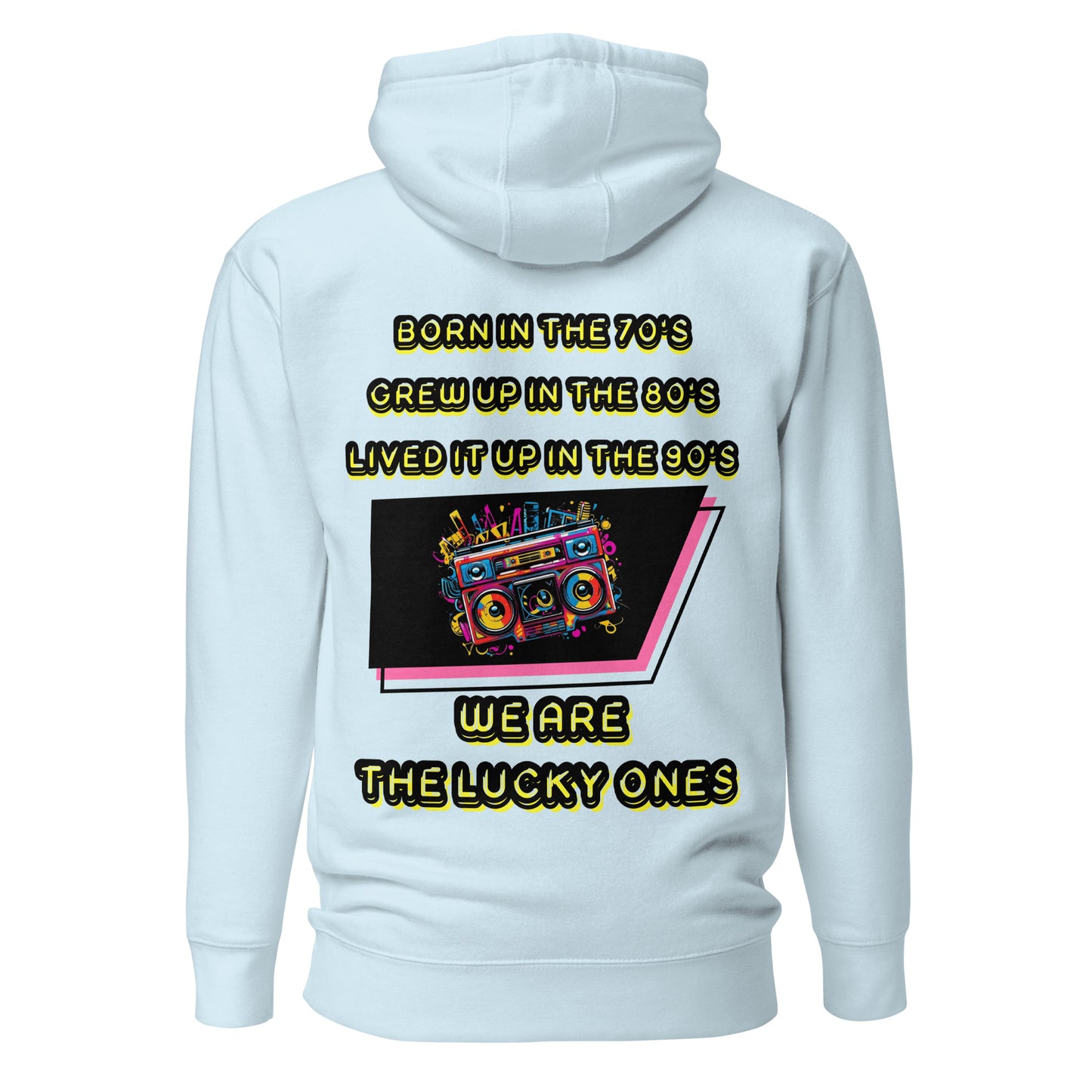 Retro graphic unisex hoodie with 70s 80s 90s boombox design by Hipyfi – vintage streetwear style. sky-blue-back-2