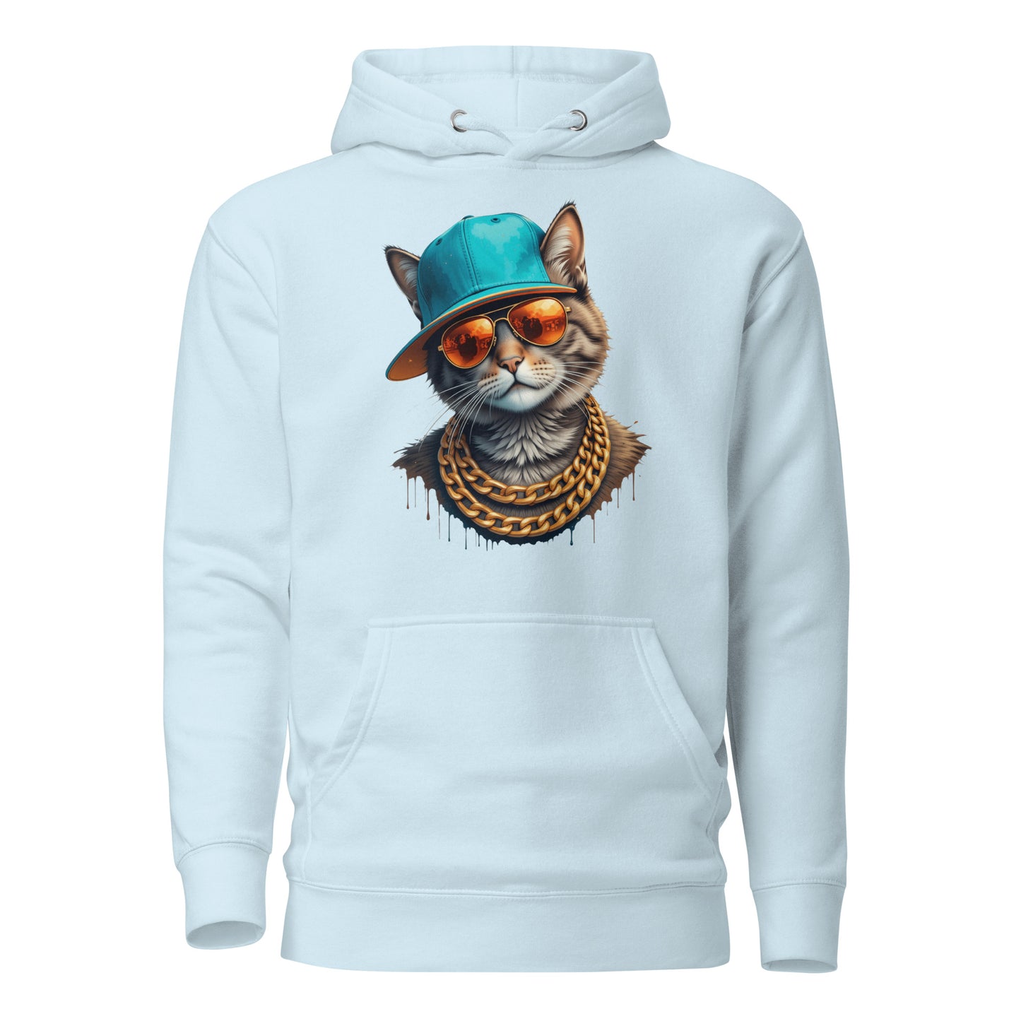 Unisex streetwear hoodie with urban cat graphic, teal cap, gold chains, and graffiti-style design – Hipyfi Clothes & Design. sky-blue-front-2