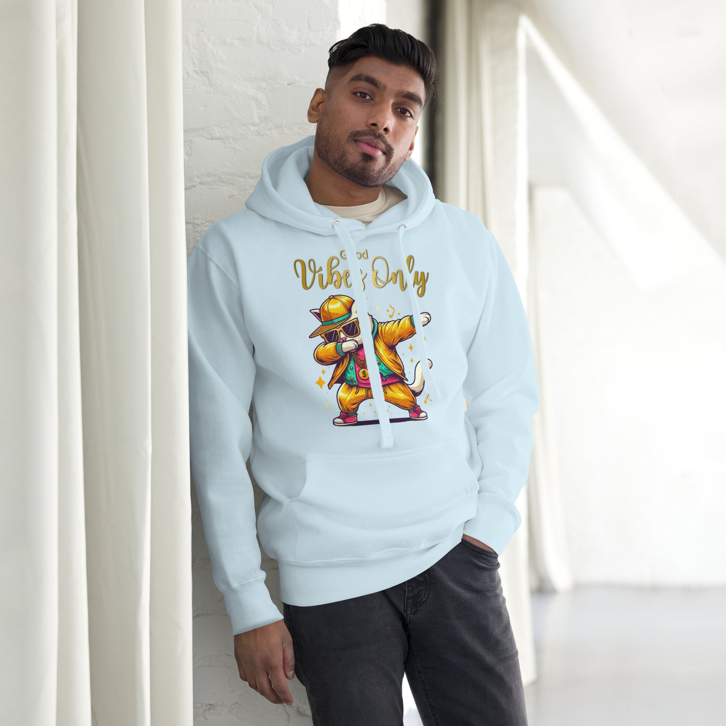 Unisex Good Vibes Cat Hoodie featuring a dabbing cat in hip-hop streetwear – premium graphic hoodie by Hipyfi Clothes & Design. sky-blue-front