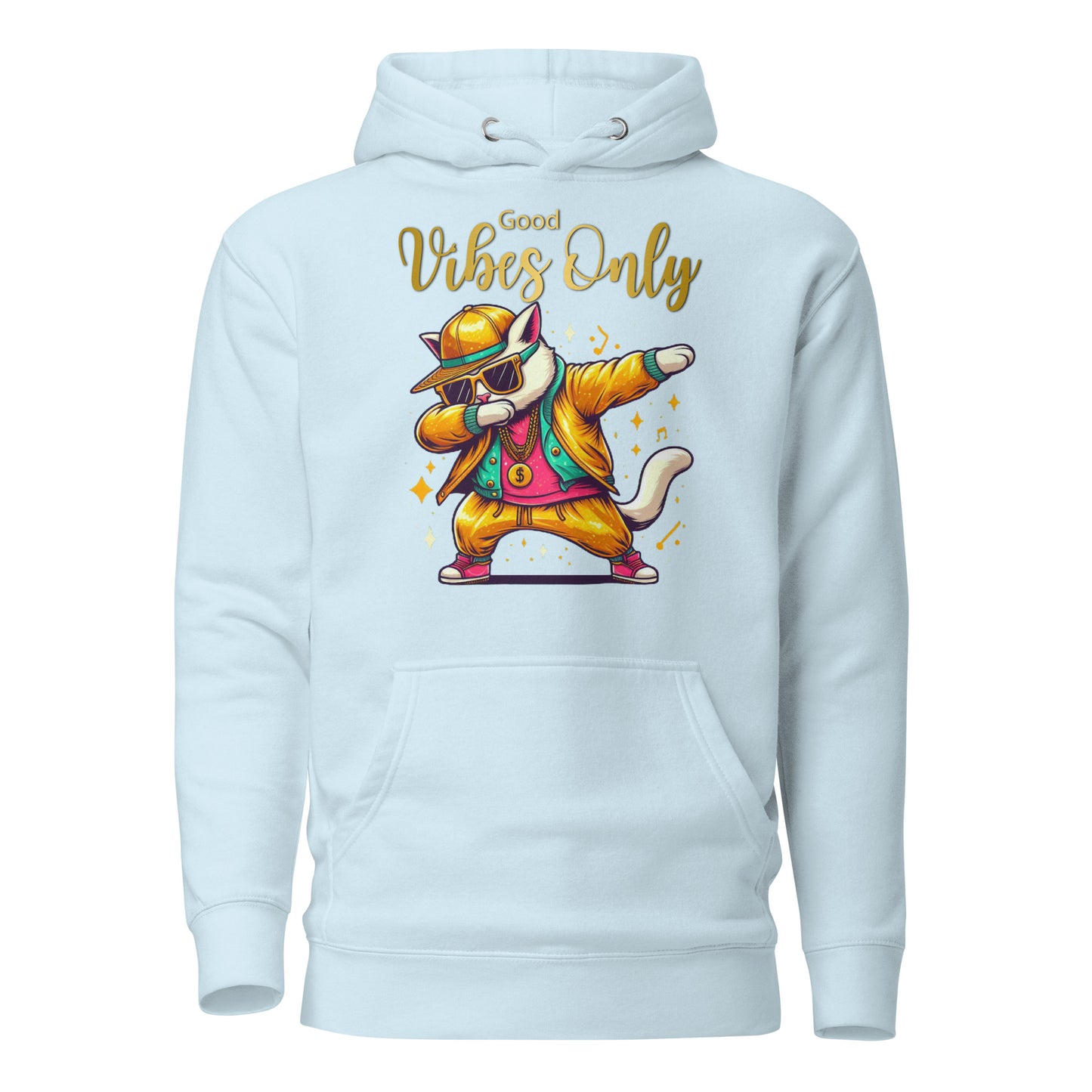 Unisex Good Vibes Cat Hoodie featuring a dabbing cat in hip-hop streetwear – premium graphic hoodie by Hipyfi Clothes & Design. sky-blue-front-2