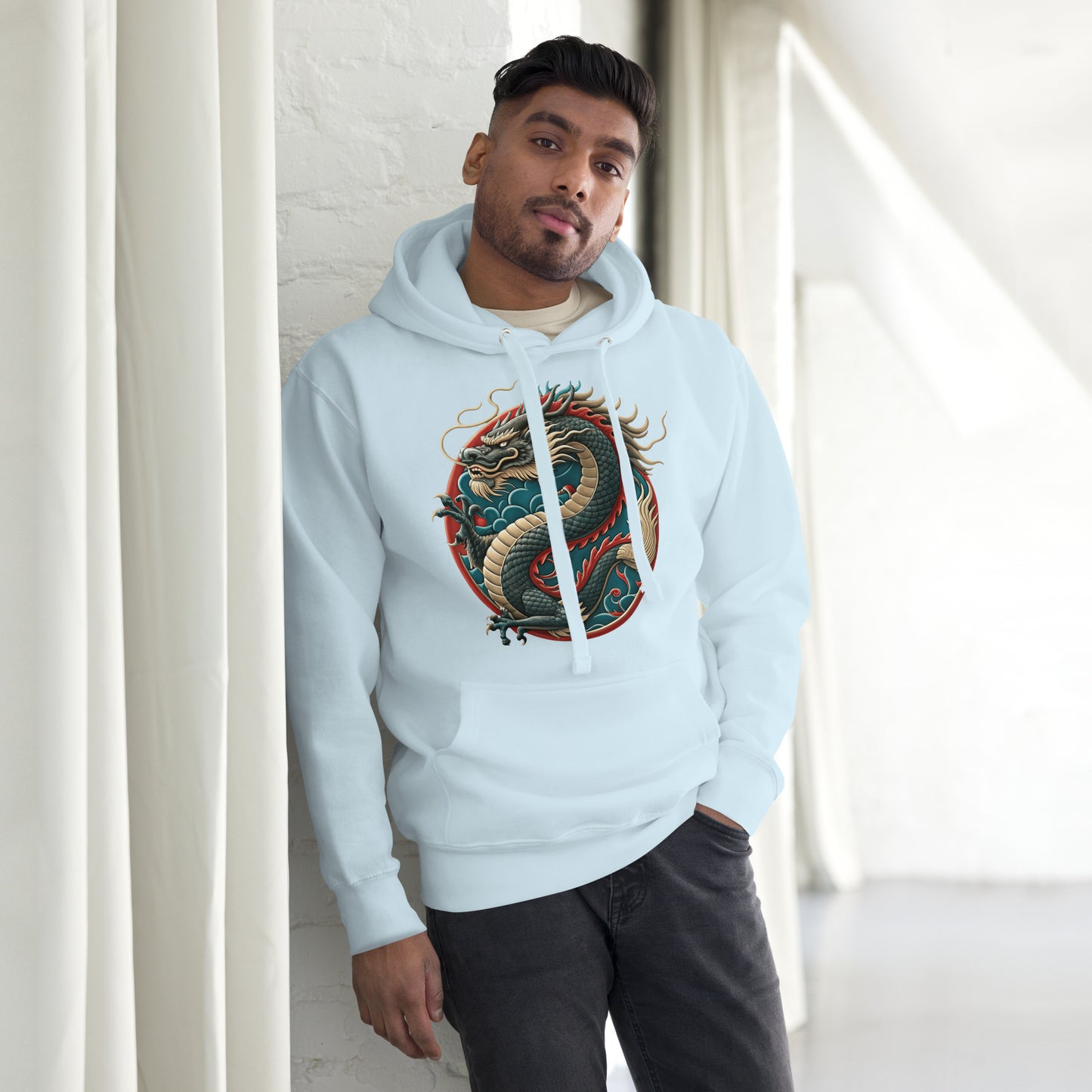 Unisex premium hoodie with Chinese dragon design – streetwear graphic by Hipyfi Clothes & Design. sky-blue-front