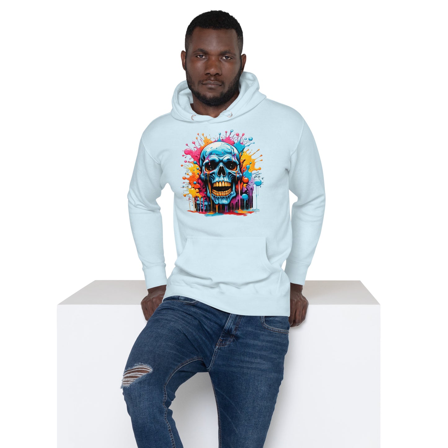 Blue Skull Splash Unisex Streetwear Hoodie by Hipyfi – Digital Art and Graffiti Style. sky-blue-front