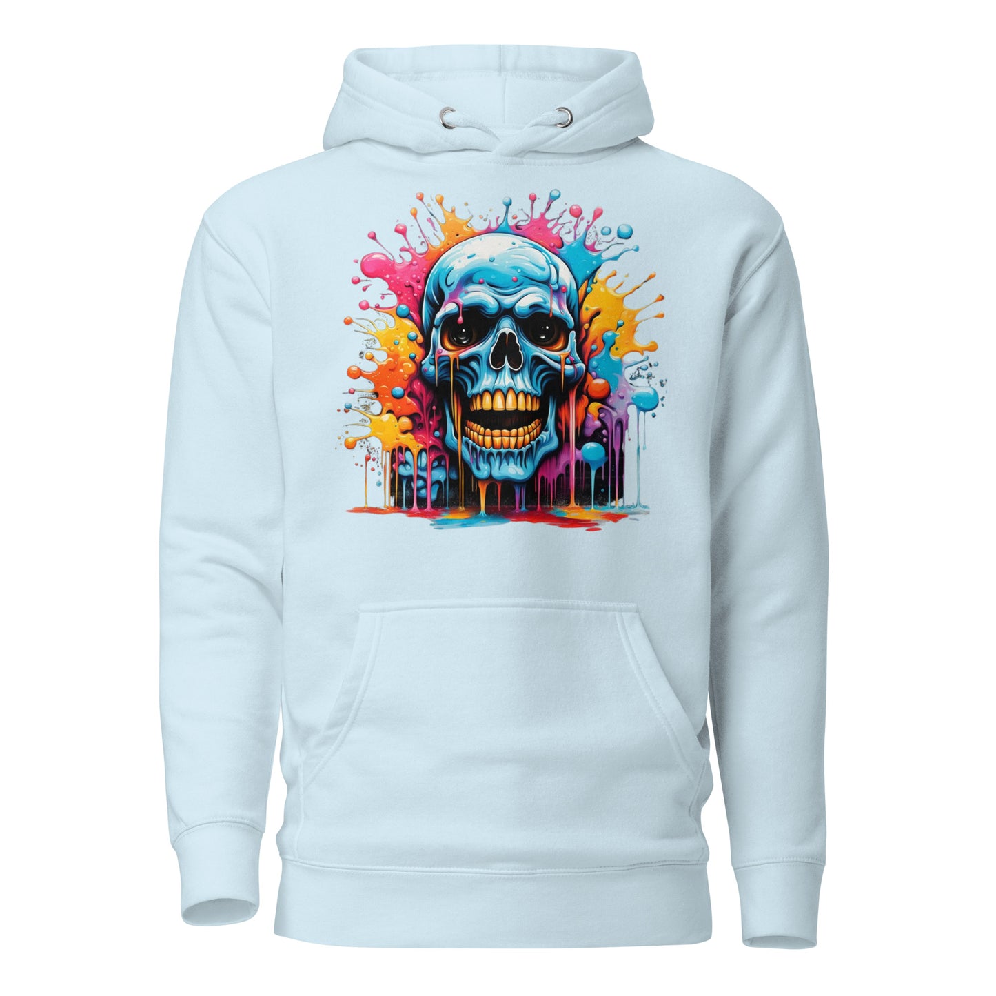 Blue Skull Splash Unisex Streetwear Hoodie by Hipyfi – Digital Art and Graffiti Style. sky-blue-front-2