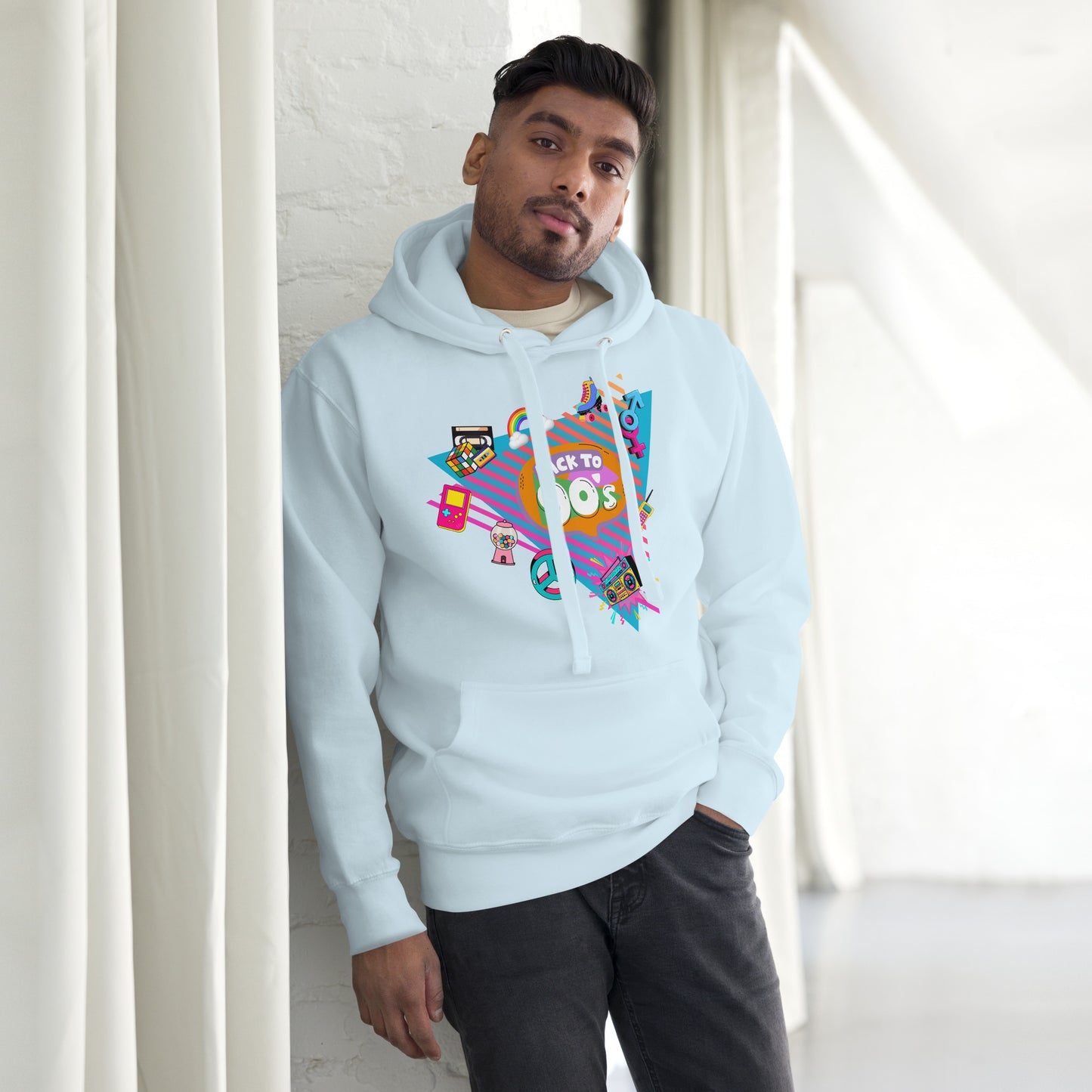 Back to 90s retro unisex graphic hoodie with colorful vintage design – Hipyfi Clothes & Design. sky-blue-front