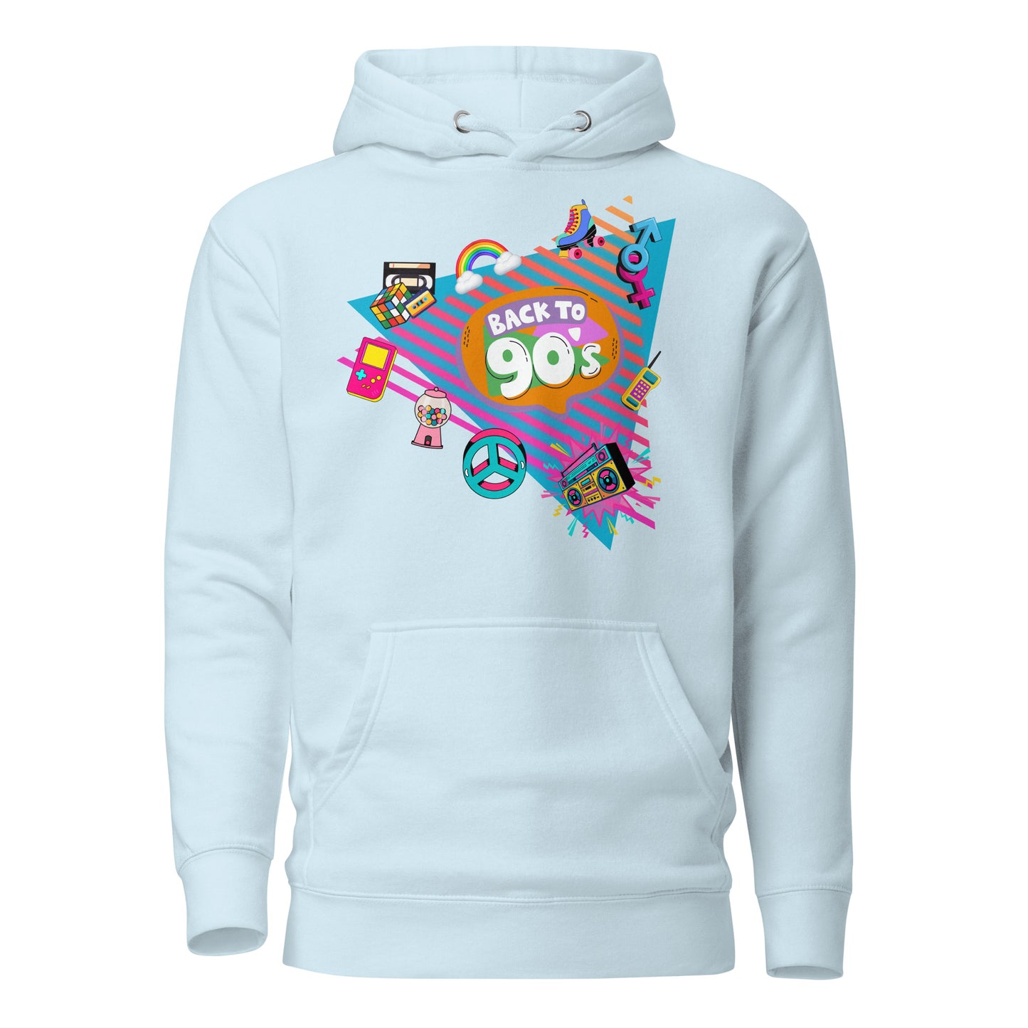 Back to 90s retro unisex graphic hoodie with colorful vintage design – Hipyfi Clothes & Design. sky-blue-front-2
