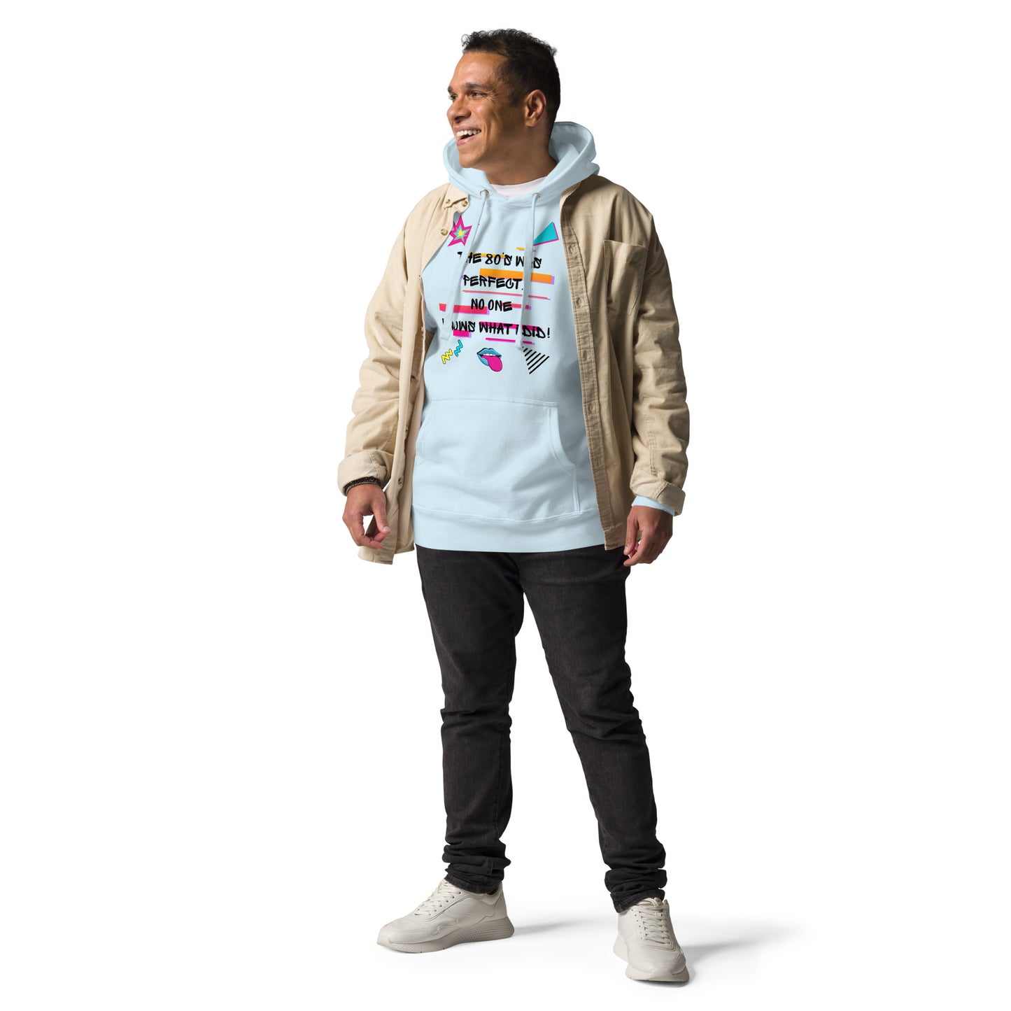 Unisex retro 80s graffiti hoodie with neon colors and streetwear design by Hipyfi Clothes & Design sky-blue-front