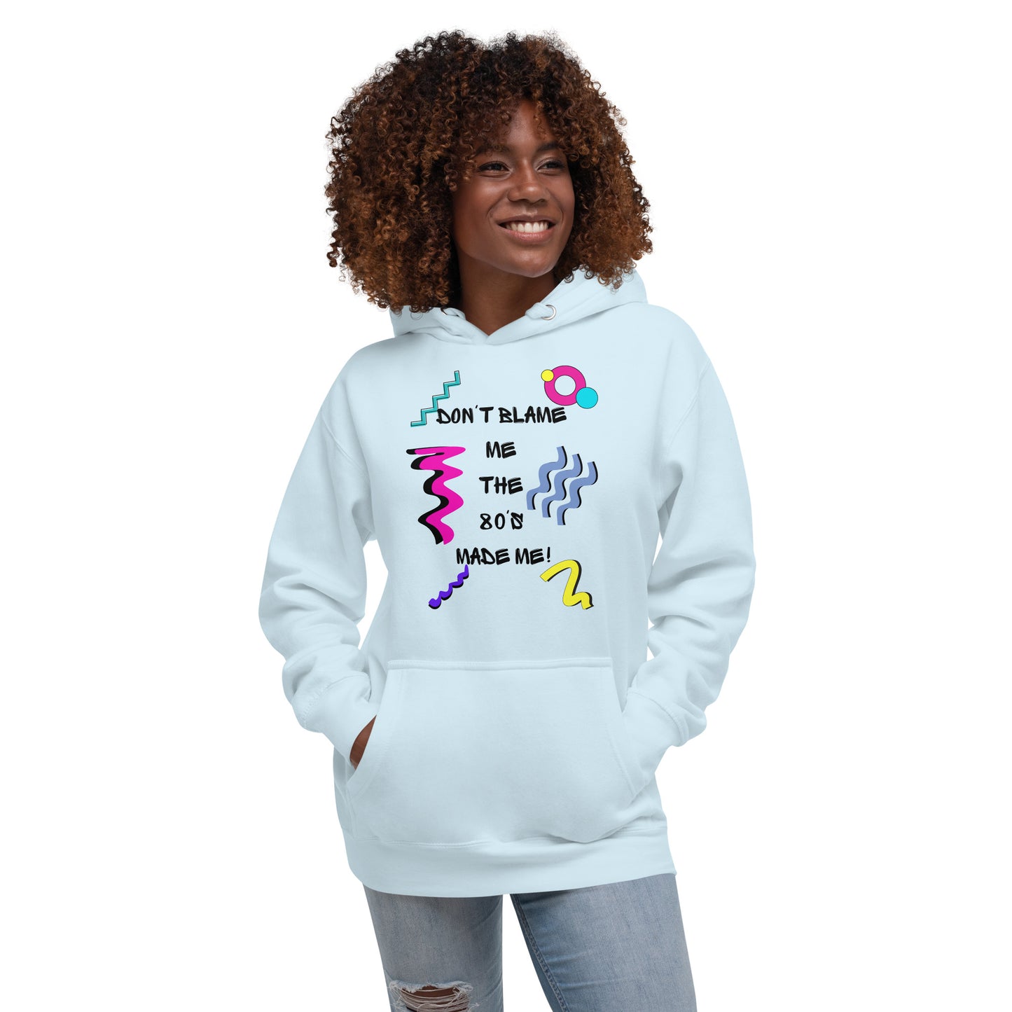 Unisex 80s retro hoodie with bold neon graphic and “Don’t Blame Me, The 80s Made Me” text – Hipyfi streetwear style. sky-blue-front