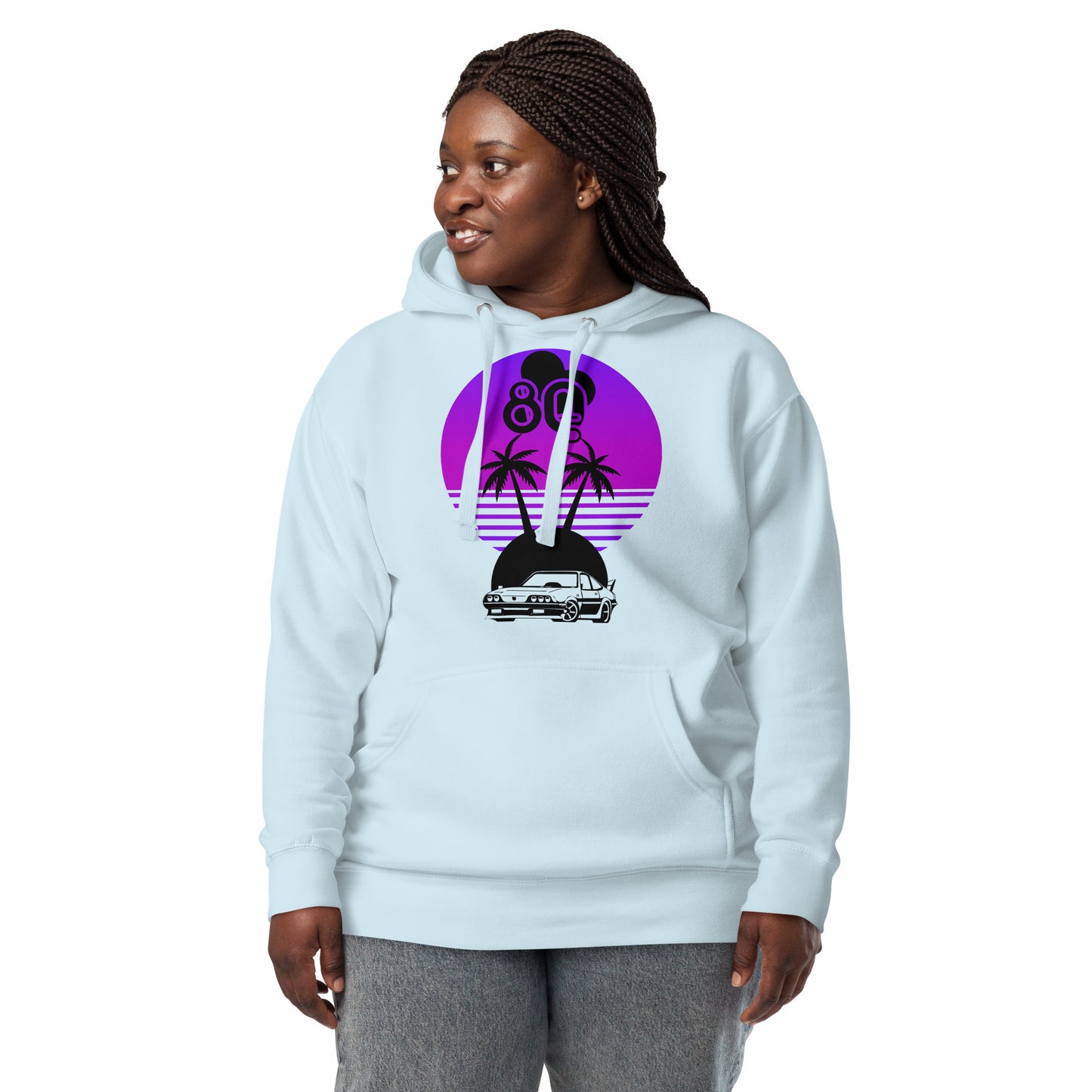 Vaporwave Sunset Unisex Hoodie with retro 80s synthwave design by Hipyfi Clothes & Design. sky-blue-front