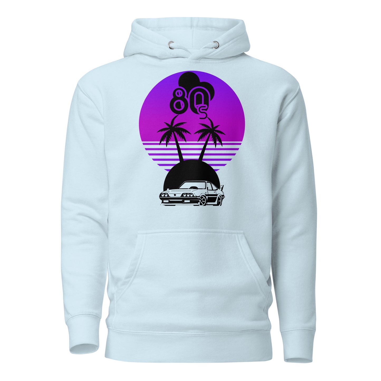 Vaporwave Sunset Unisex Hoodie with retro 80s synthwave design by Hipyfi Clothes & Design. sky-blue-front-2