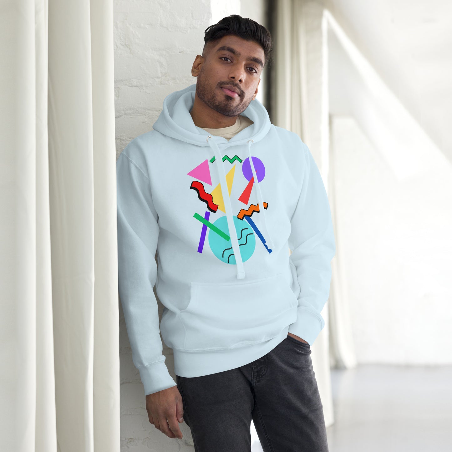 Retro Pop Memphis Hoodie with colorful geometric abstract design – unisex streetwear by Hipyfi Clothes & Design. sky-blue-front