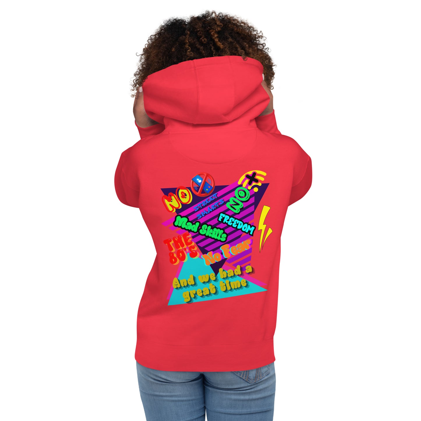 Unisex retro 80s graffiti hoodie with neon colors and streetwear design by Hipyfi Clothes & Design team-red-back