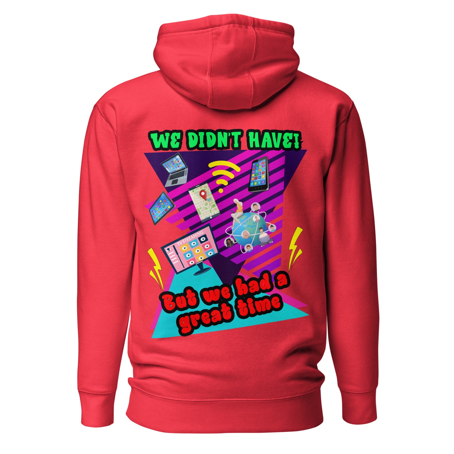 Unisex 80s retro hoodie with bold neon graphic and “Don’t Blame Me, The 80s Made Me” text – Hipyfi streetwear style. team-red-back-2