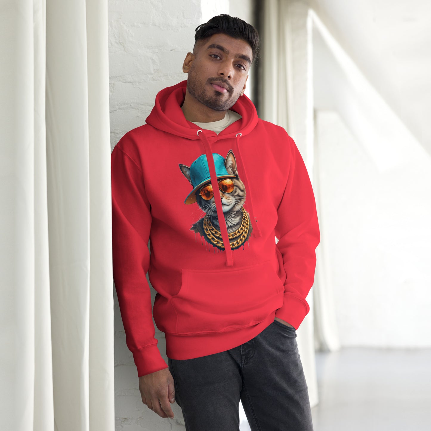 Unisex streetwear hoodie with urban cat graphic, teal cap, gold chains, and graffiti-style design – Hipyfi Clothes & Design. team-red-front