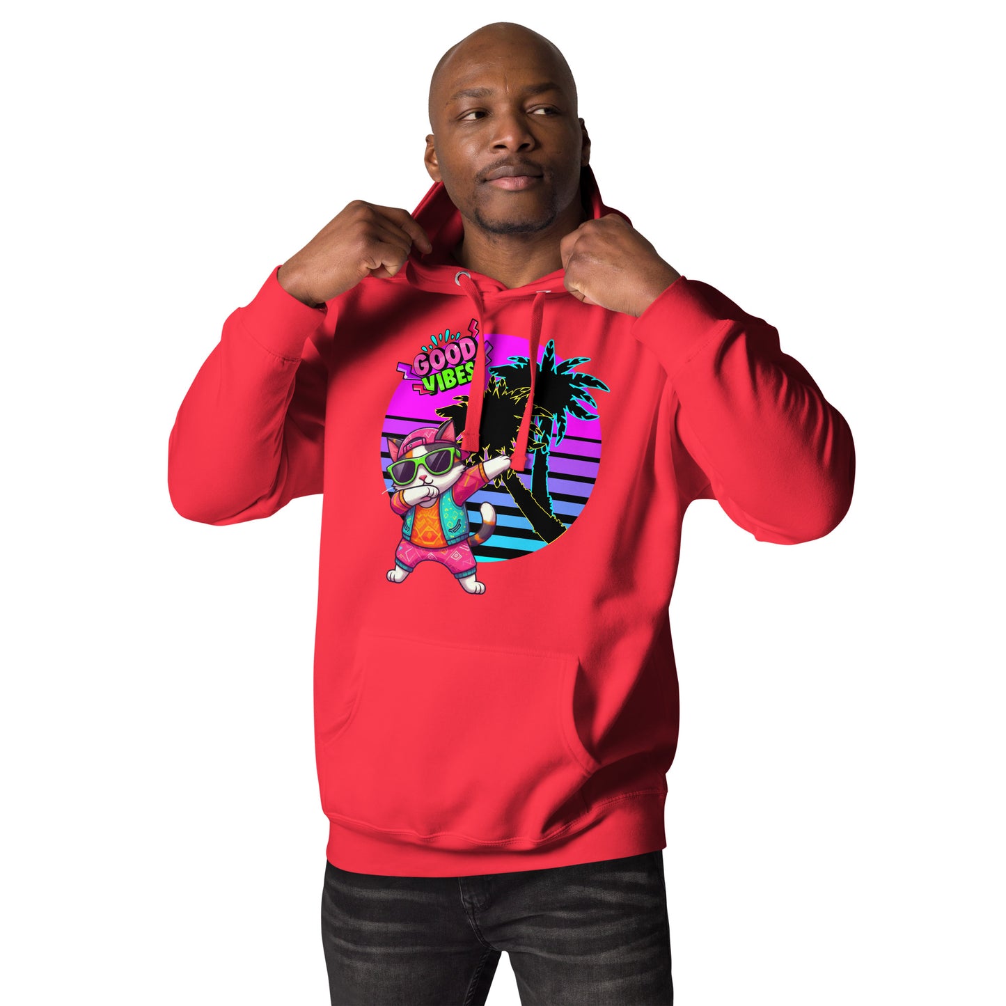 Unisex retro neon graphic hoodie with dabbing cat and Good Vibes text – Hipyfi streetwear. team-red-front