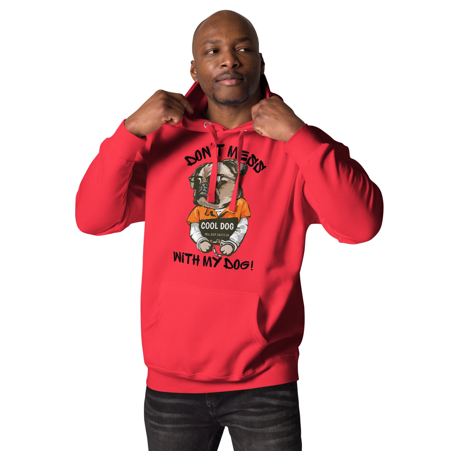 Funny pug mugshot graphic on unisex streetwear hoodie – Cool Dog design by Hipyfi Clothes & Design. team-red-front