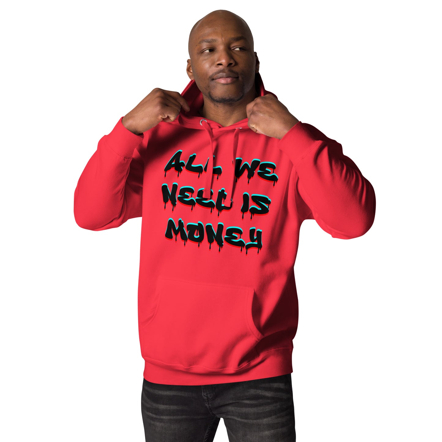 Unisex graffiti hoodie with 3D dripping text – ALL WE NEED IS MONEY design by Hipyfi Clothes & Design. team-red-front
