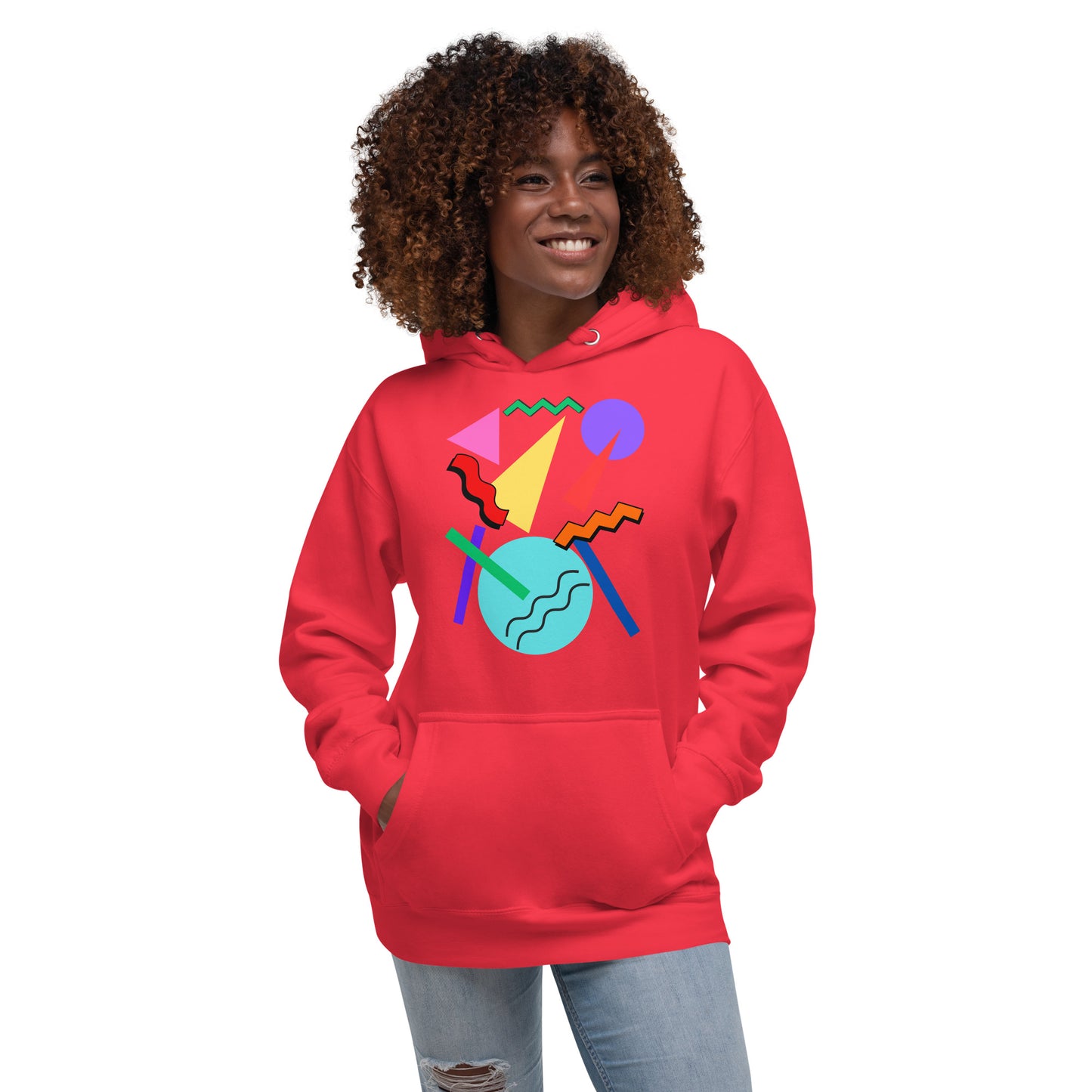 Retro Pop Memphis Hoodie with colorful geometric abstract design – unisex streetwear by Hipyfi Clothes & Design. team-red-front