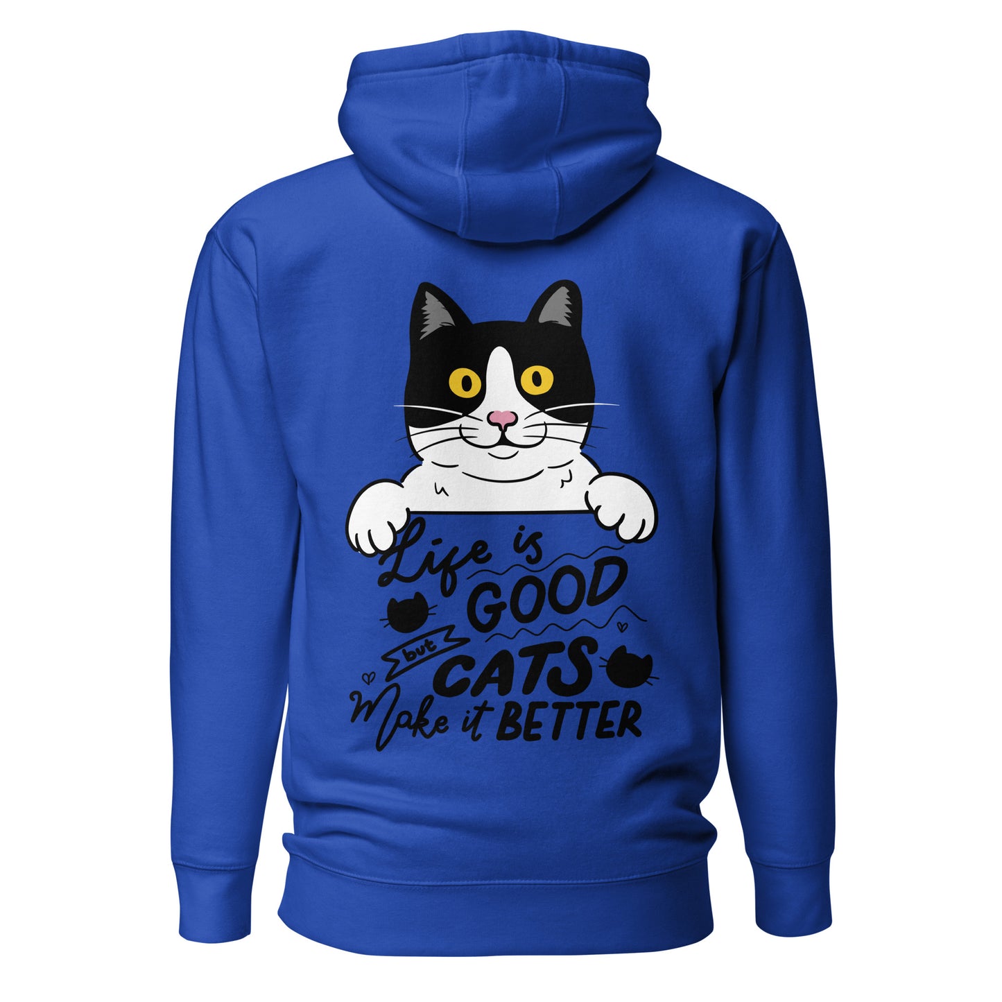 Unisex premium cat hoodie with cartoon black-and-white cat and “Life is Better With Cats” quote – Hipyfi Clothes & Design. team-royal-back-2