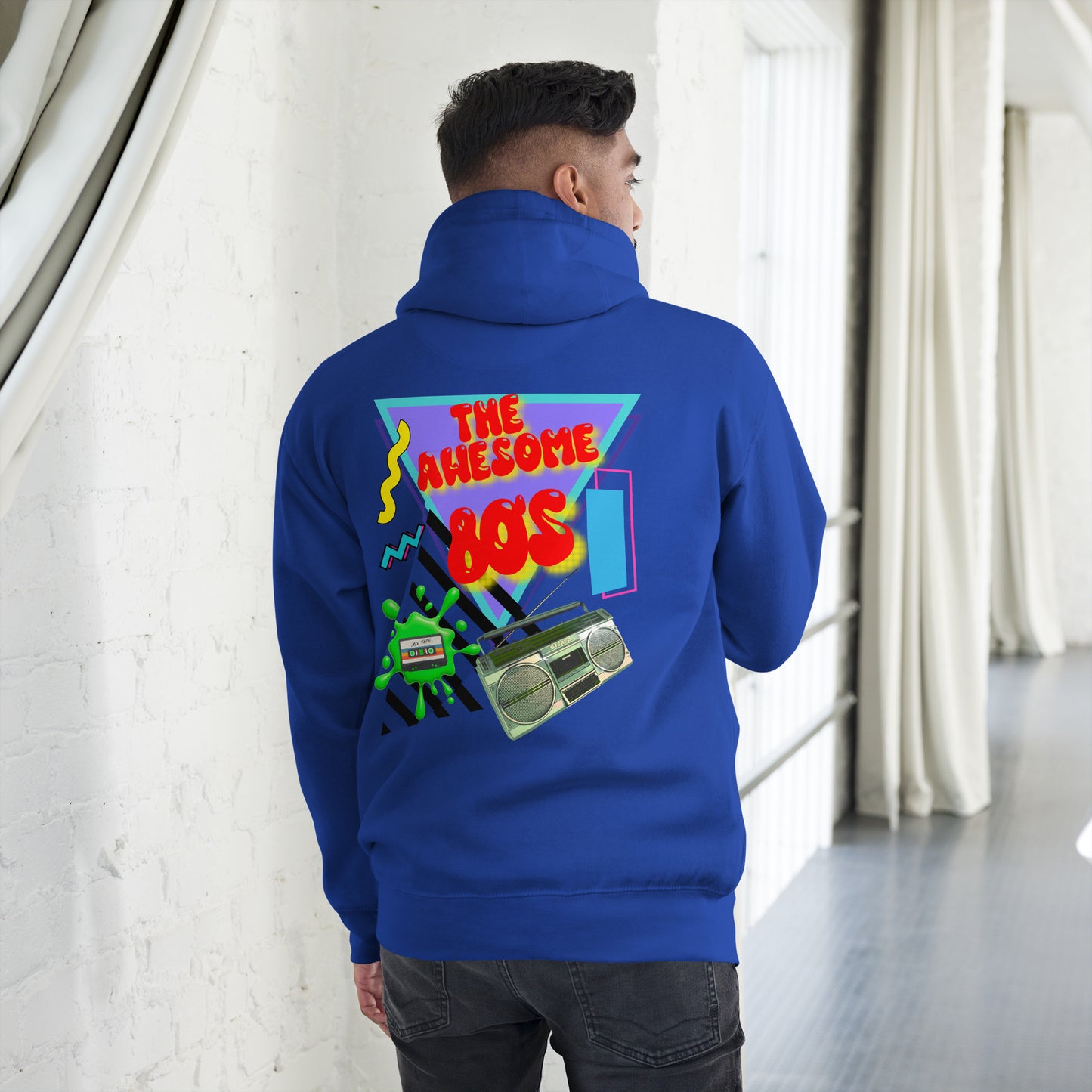 Hipyfi Premium 80s Neon Graphic Hoodie – Unisex Retro Pop Culture Design, Vibrant 80s-inspired geometric graphics. team-royal-back
