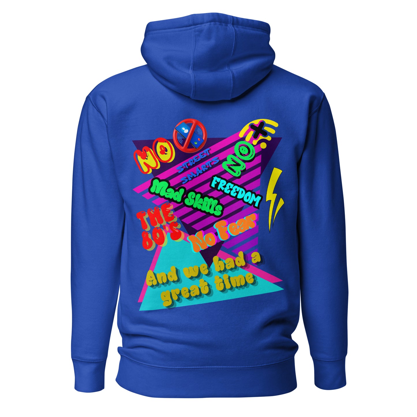 Unisex retro 80s graffiti hoodie with neon colors and streetwear design by Hipyfi Clothes & Design team-royal-back-2