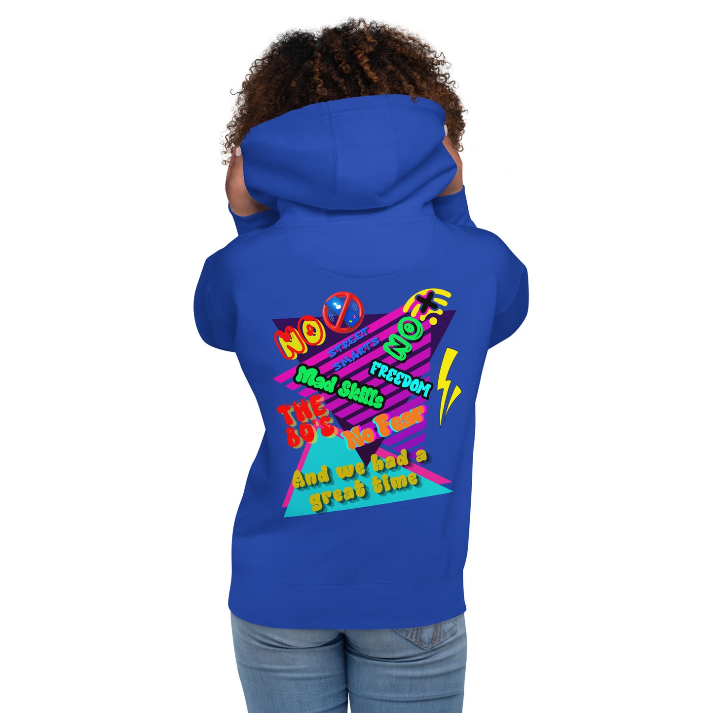Unisex retro 80s graffiti hoodie with neon colors and streetwear design by Hipyfi Clothes & Design team-royal-back