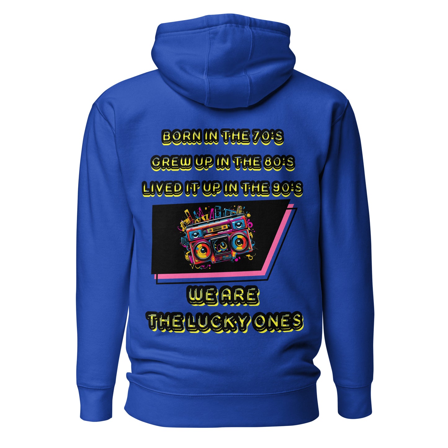 Retro graphic unisex hoodie with 70s 80s 90s boombox design by Hipyfi – vintage streetwear style. team-royal-back-2