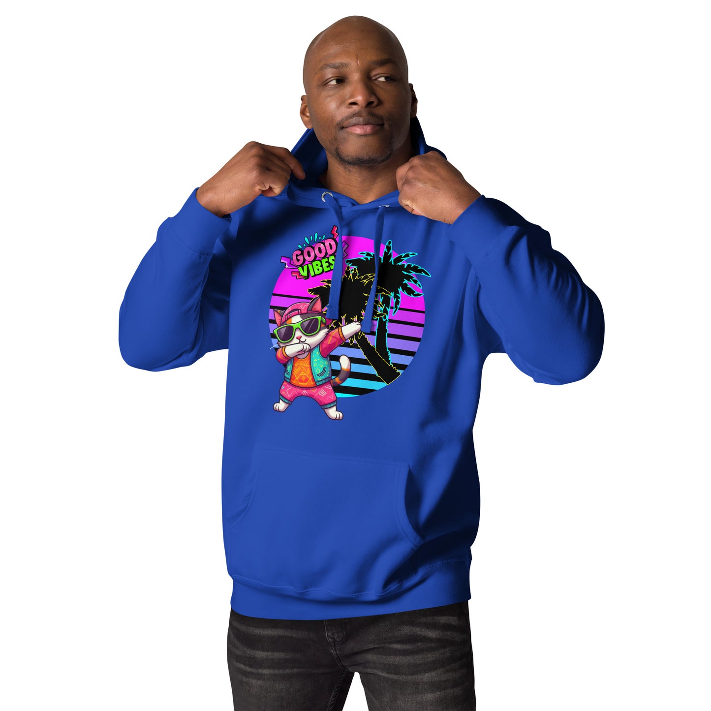 Unisex retro neon graphic hoodie with dabbing cat and Good Vibes text – Hipyfi streetwear. team-royal-front