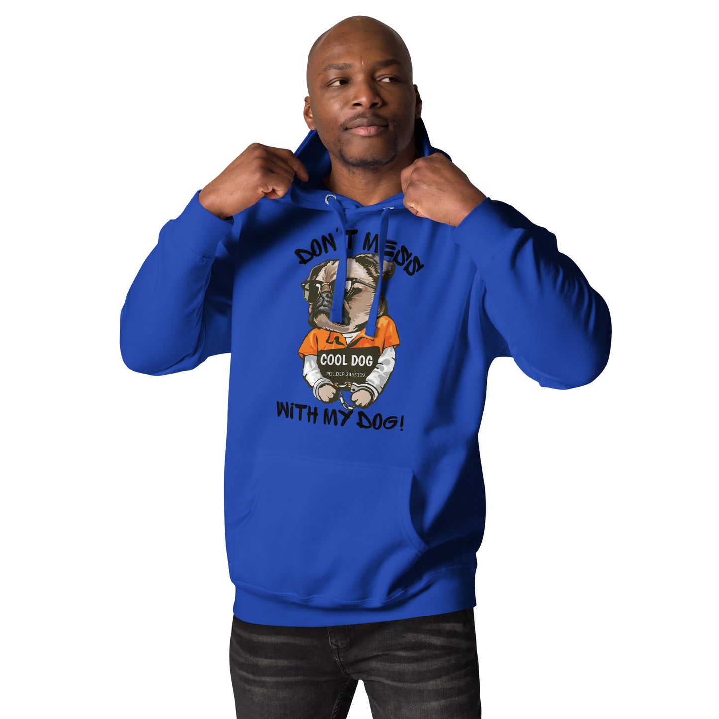 Funny pug mugshot graphic on unisex streetwear hoodie – Cool Dog design by Hipyfi Clothes & Design. team-royal-front