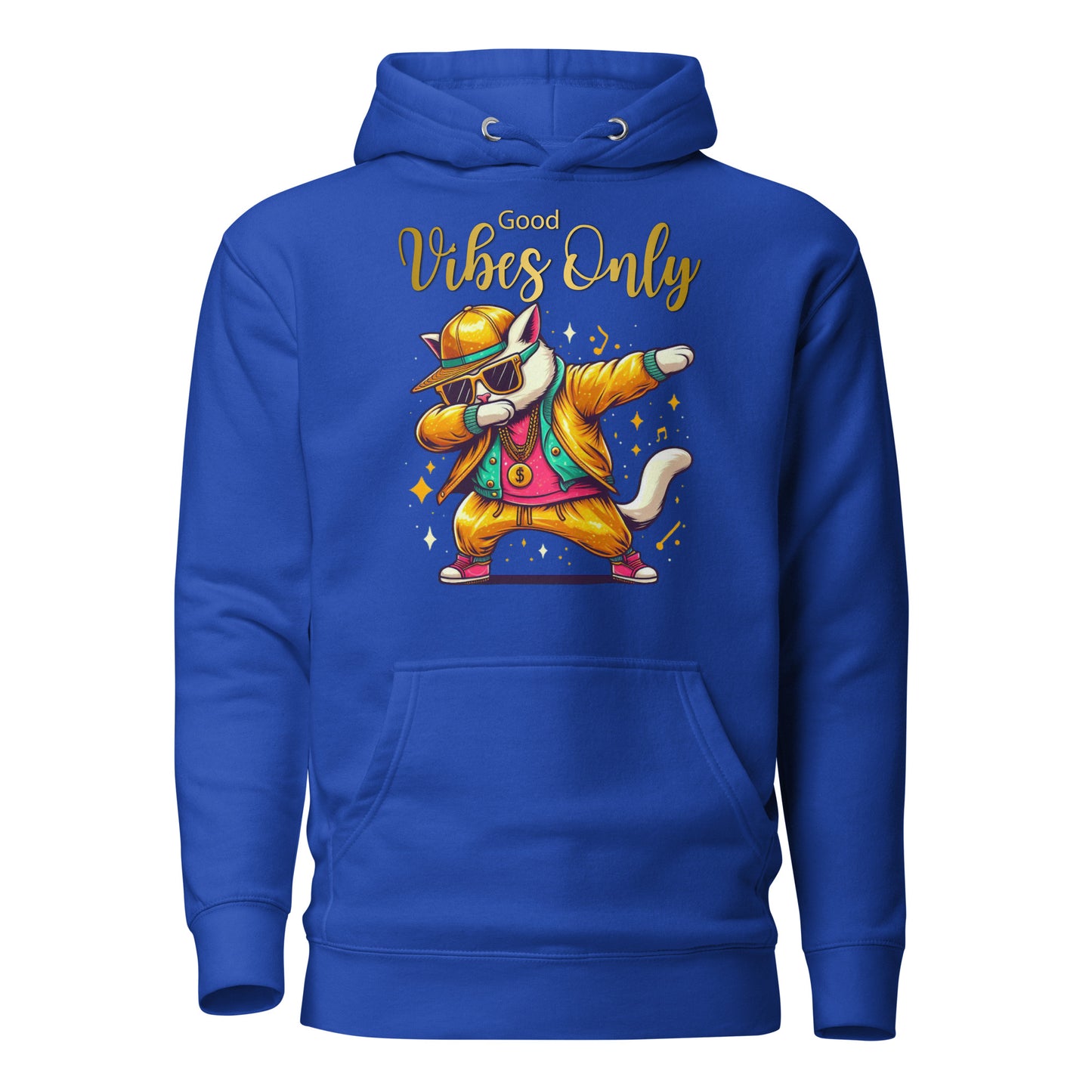 Unisex Good Vibes Cat Hoodie featuring a dabbing cat in hip-hop streetwear – premium graphic hoodie by Hipyfi Clothes & Design. team-royal-front-2