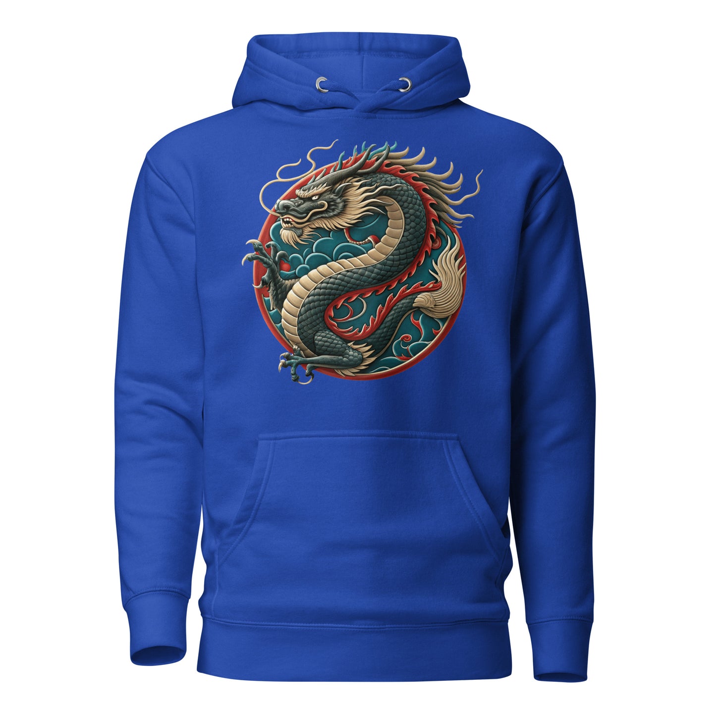 Unisex premium hoodie with Chinese dragon design – streetwear graphic by Hipyfi Clothes & Design. team-royal-front-2