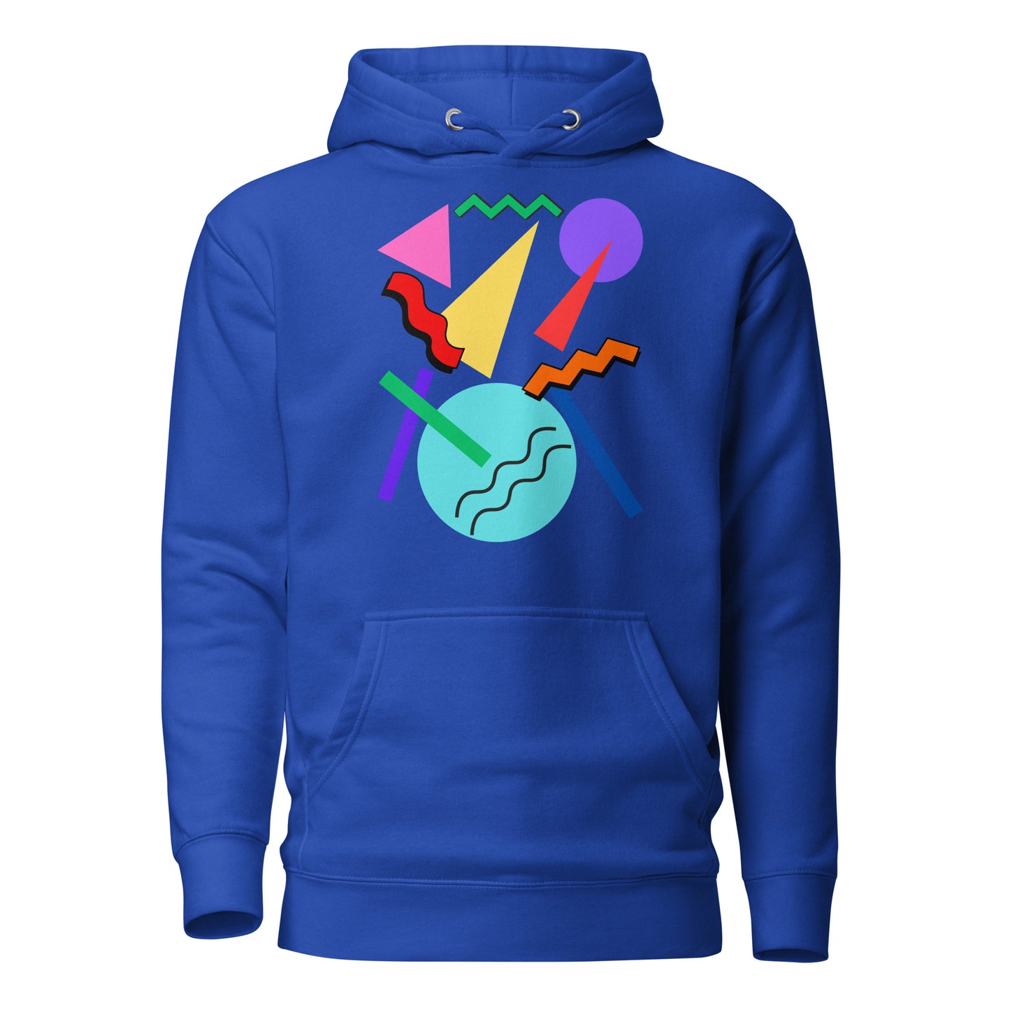 Retro Pop Memphis Hoodie with colorful geometric abstract design – unisex streetwear by Hipyfi Clothes & Design. team-royal-front-2