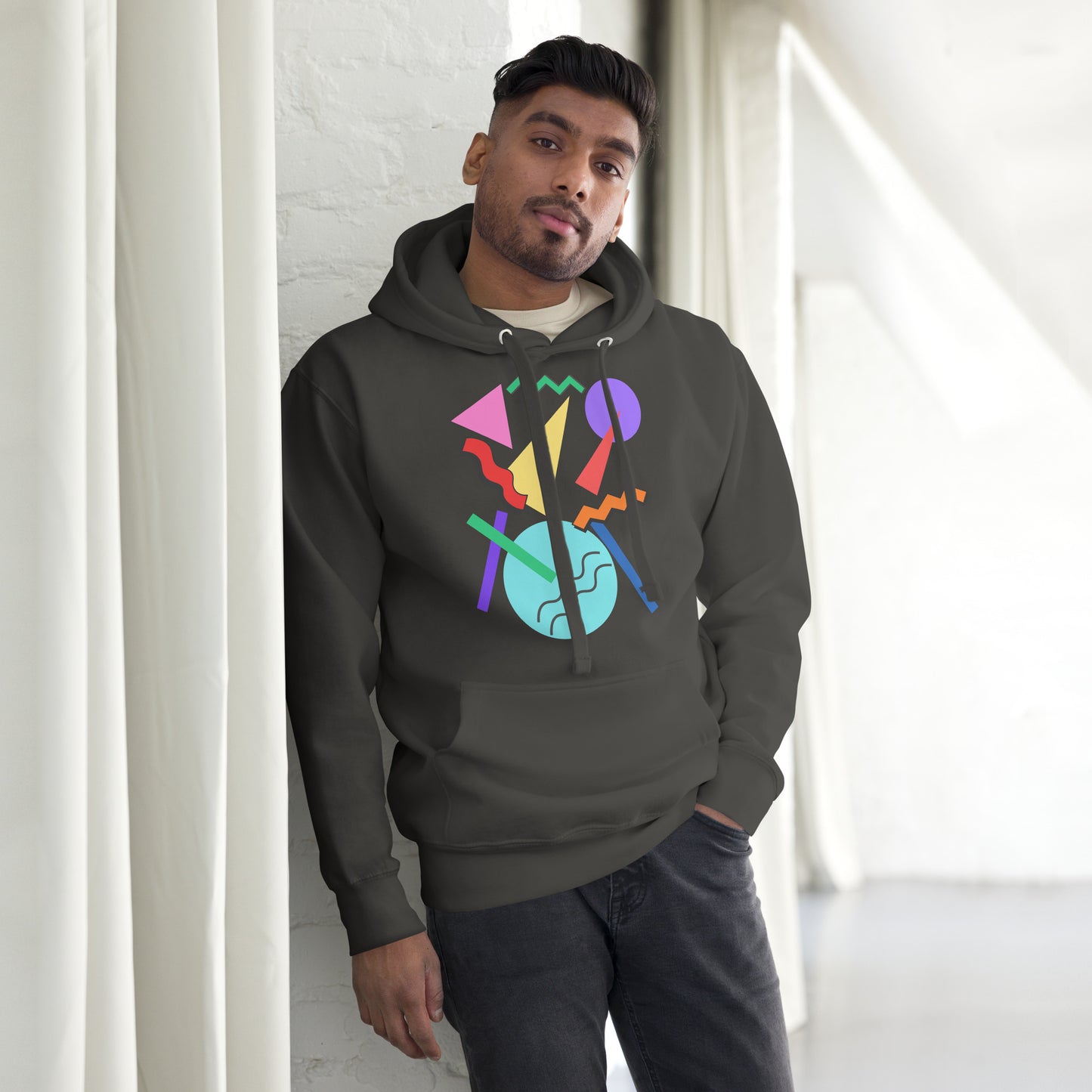 Retro Pop Memphis Hoodie with colorful geometric abstract design – unisex streetwear by Hipyfi Clothes & Design. vintage-black-front